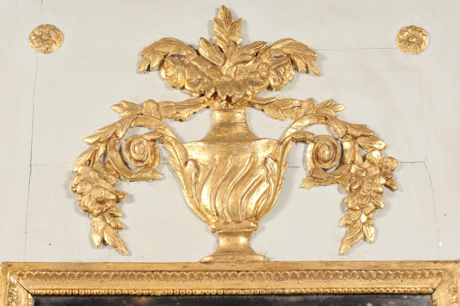 French 1775 Transition Period Painted and Gilt Trumeau Mirror with Carved Urn For Sale 1