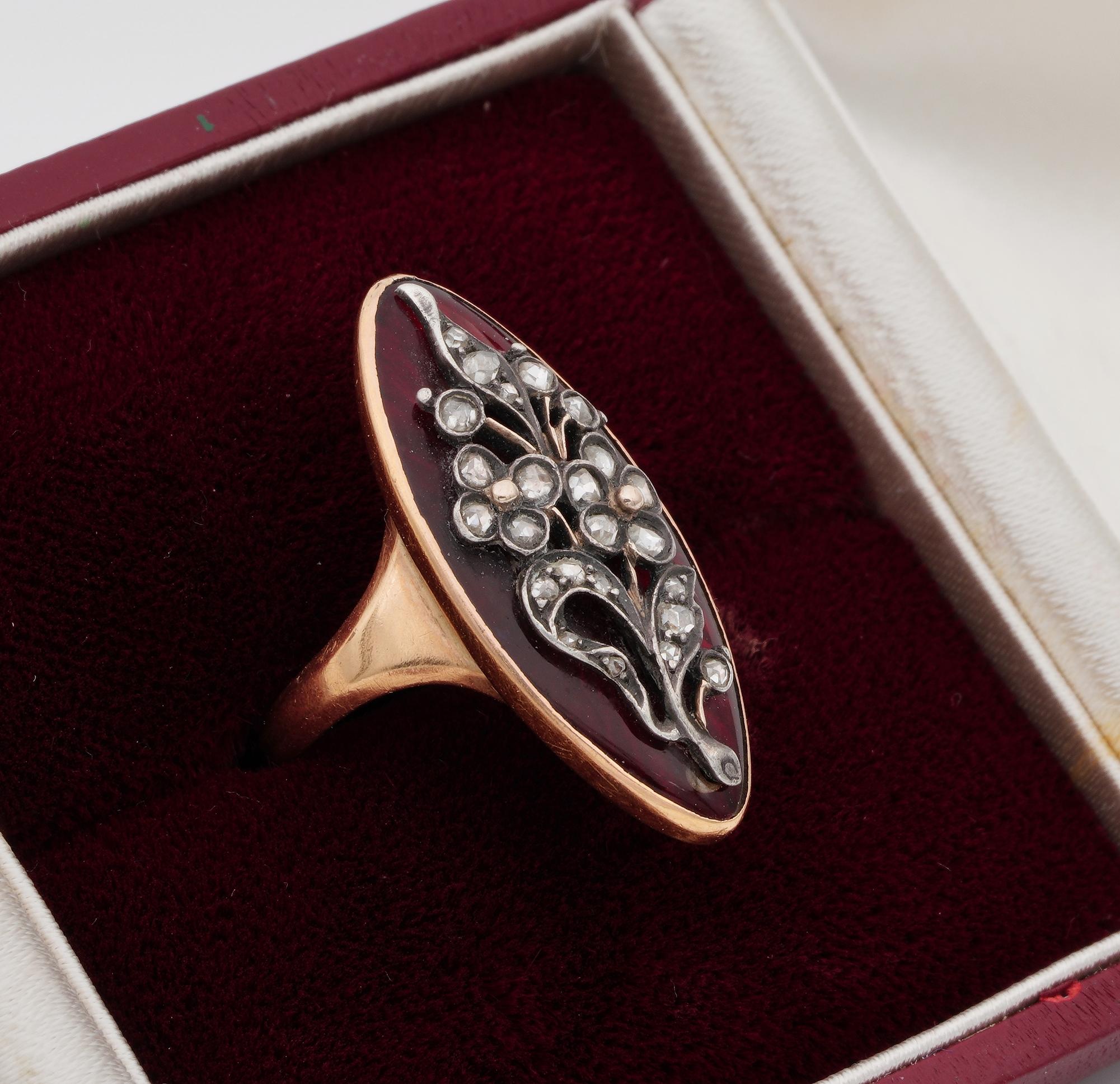 Women's or Men's French circa 1780 Georgian Period Red Enamel Diamond Giardinetti Ring For Sale