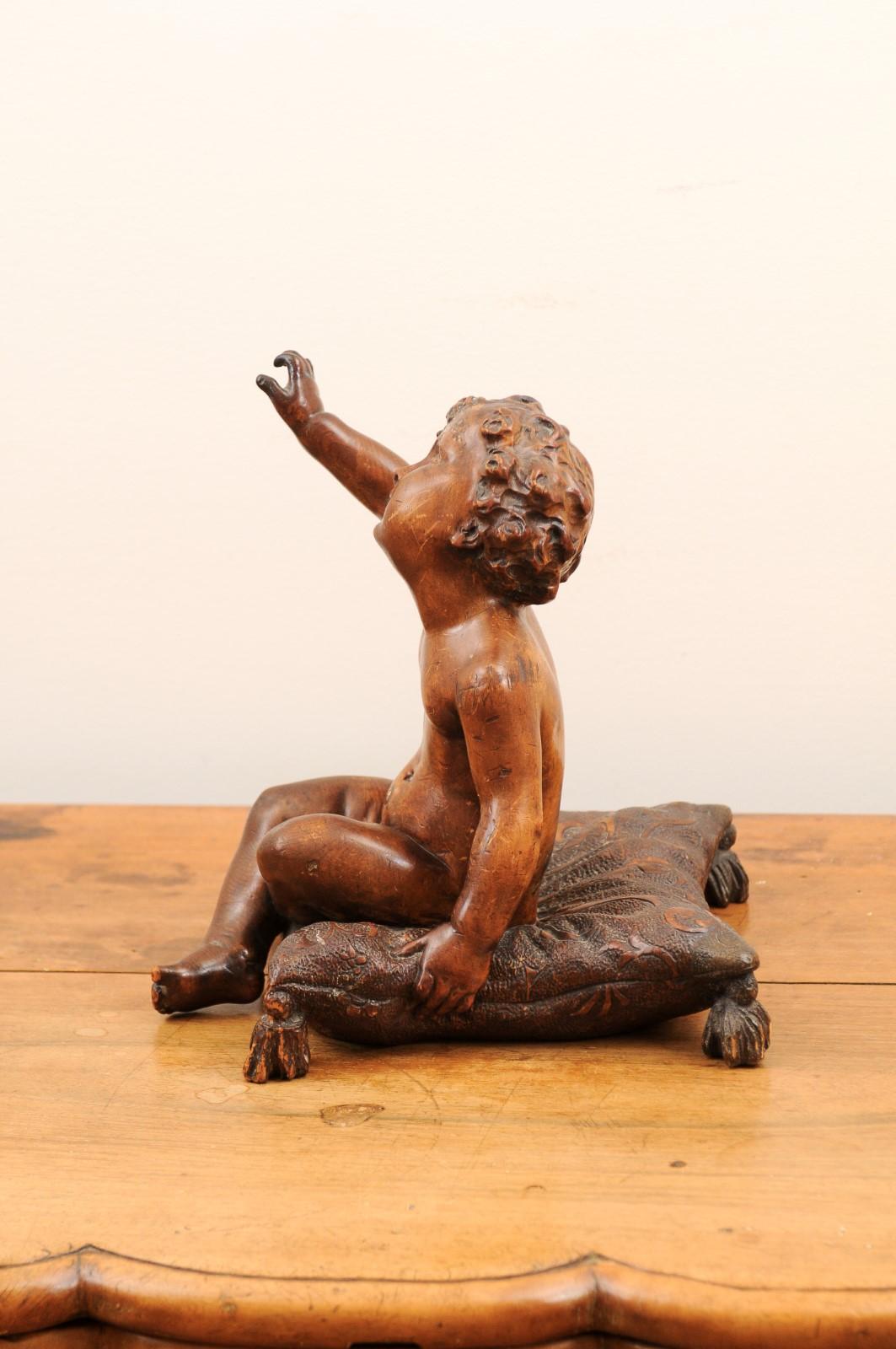 French 1780s Baroque Style Walnut Sculpture of a Putto Sitting on a Pillow For Sale 6