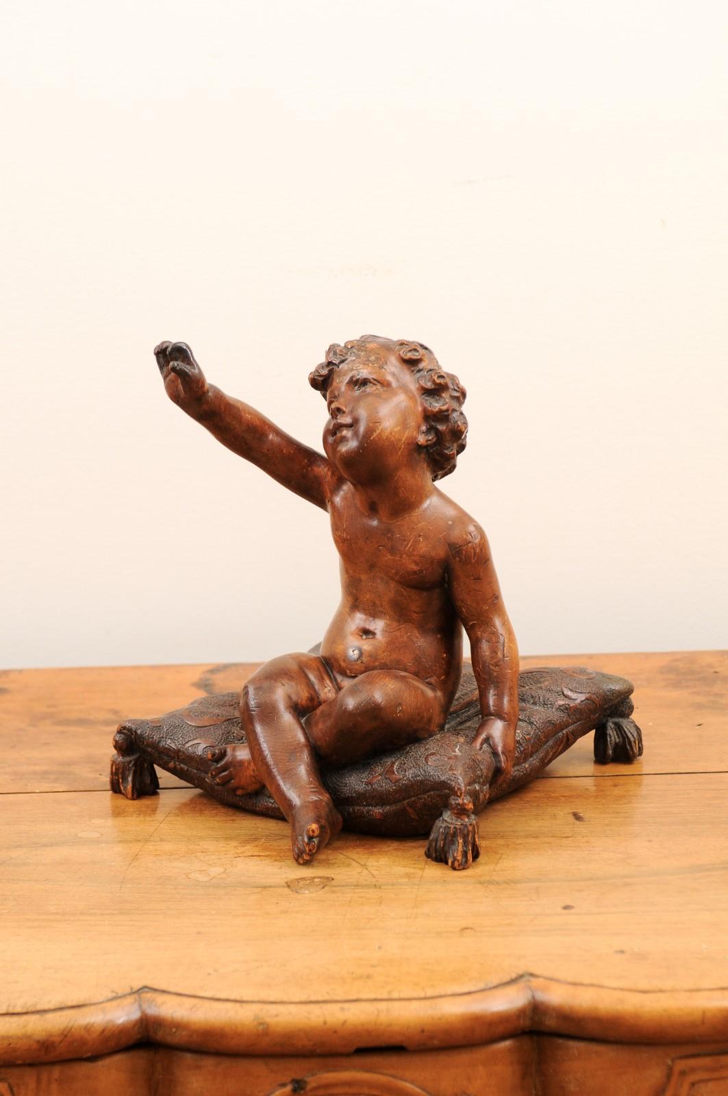 French 1780s Baroque Style Walnut Sculpture of a Putto Sitting on a Pillow For Sale 7