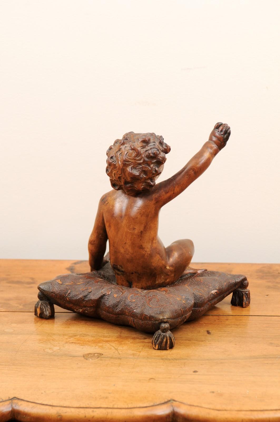 French 1780s Baroque Style Walnut Sculpture of a Putto Sitting on a Pillow For Sale 3