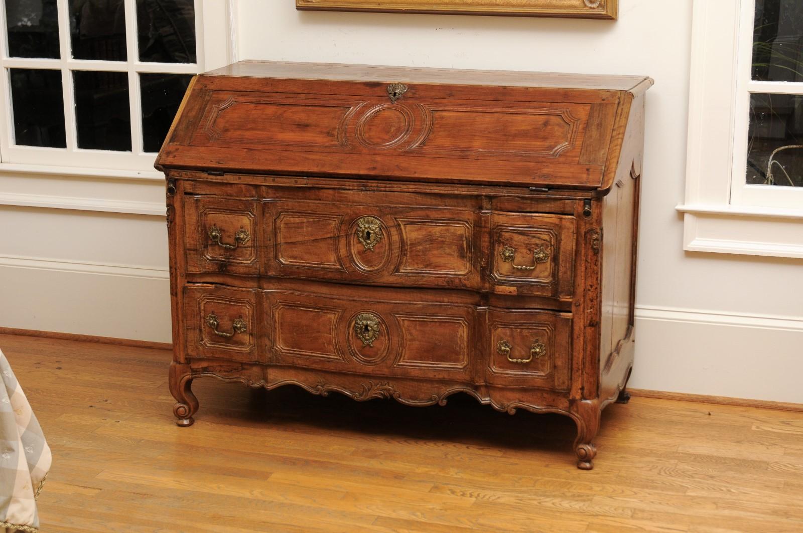 Carved French 1780s Transition Period Walnut Slant Front Desk Commode with Drawers