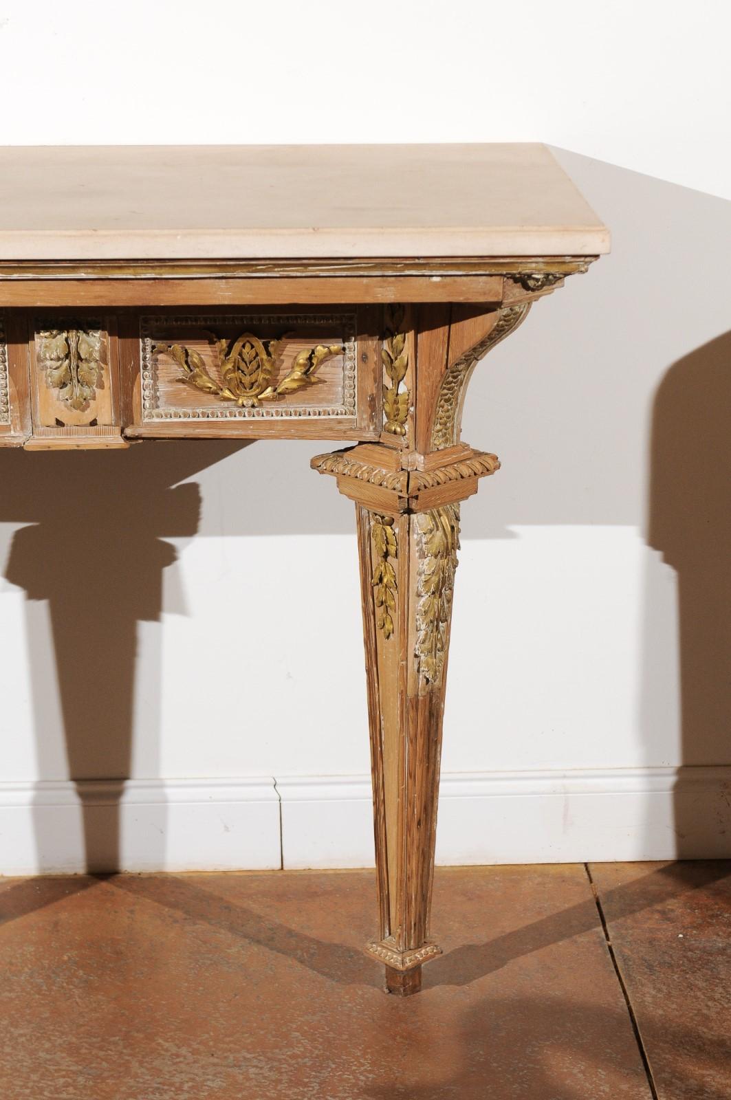 18th Century and Earlier French 18th Century Louis XVI Console Table with Hand Carved, Parcel-Gilt Décor