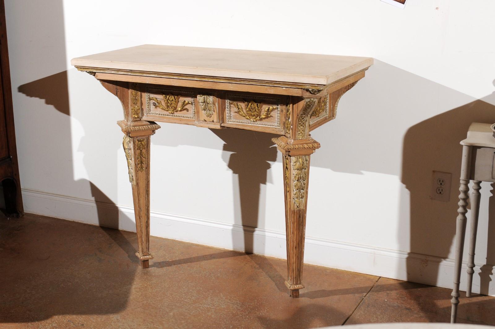 Limestone French 18th Century Louis XVI Console Table with Hand Carved, Parcel-Gilt Décor
