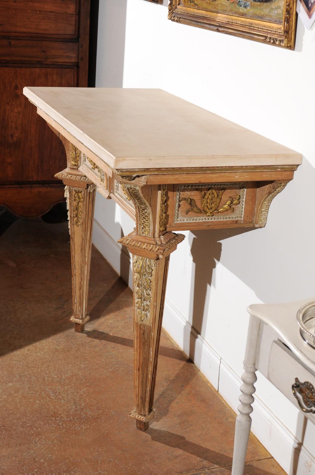 French 18th Century Louis XVI Console Table with Hand Carved, Parcel-Gilt Décor 3