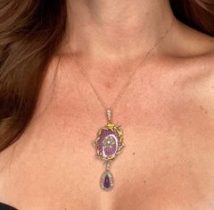 French 1790 Georgian Guilloche Enameled Pendant 18Kt Gold 4.26 Diamonds Amethyst