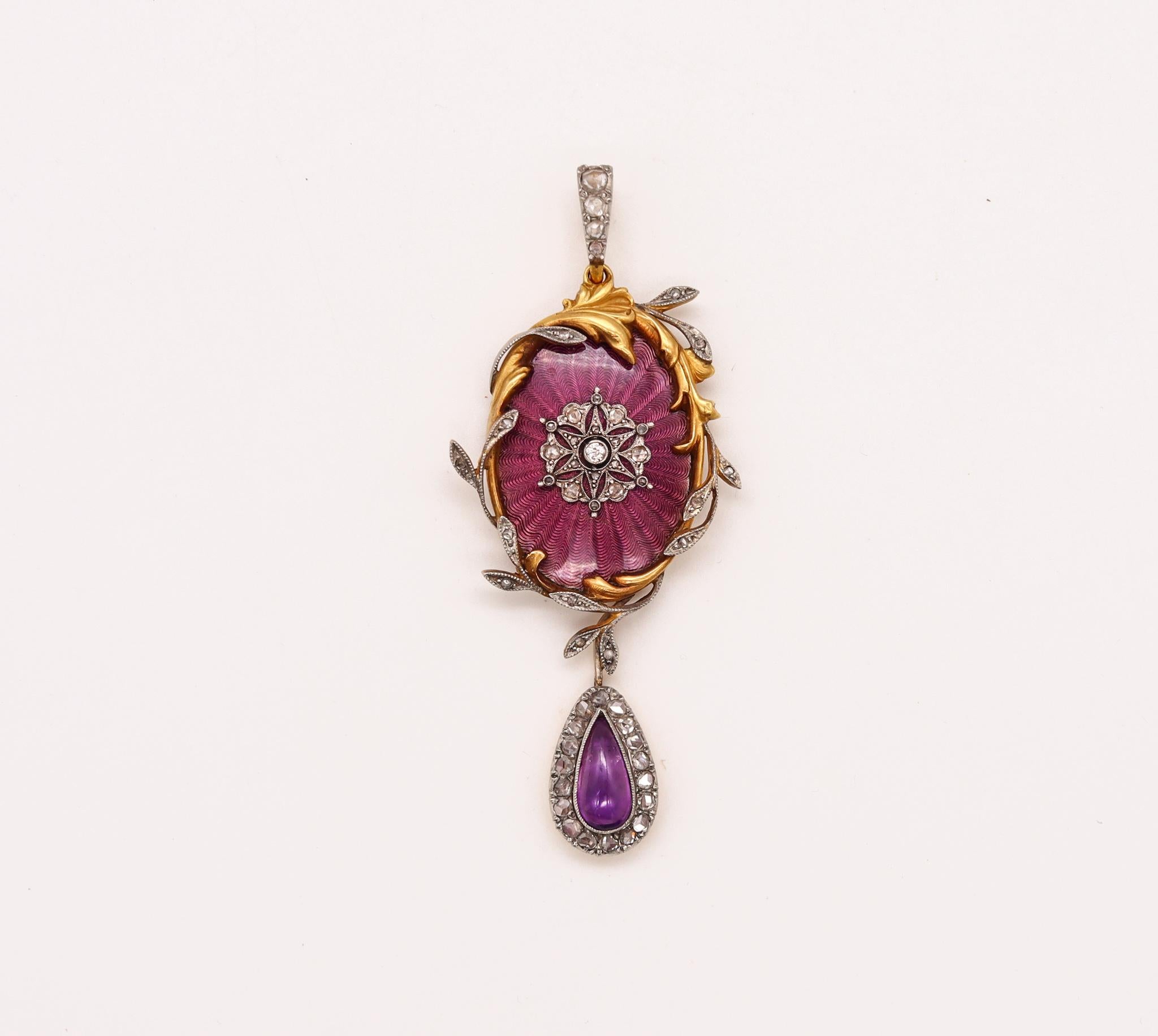 Mixed Cut French 1790 Georgian Guilloche Enameled Pendant 18Kt Gold 4.26 Diamonds Amethyst For Sale