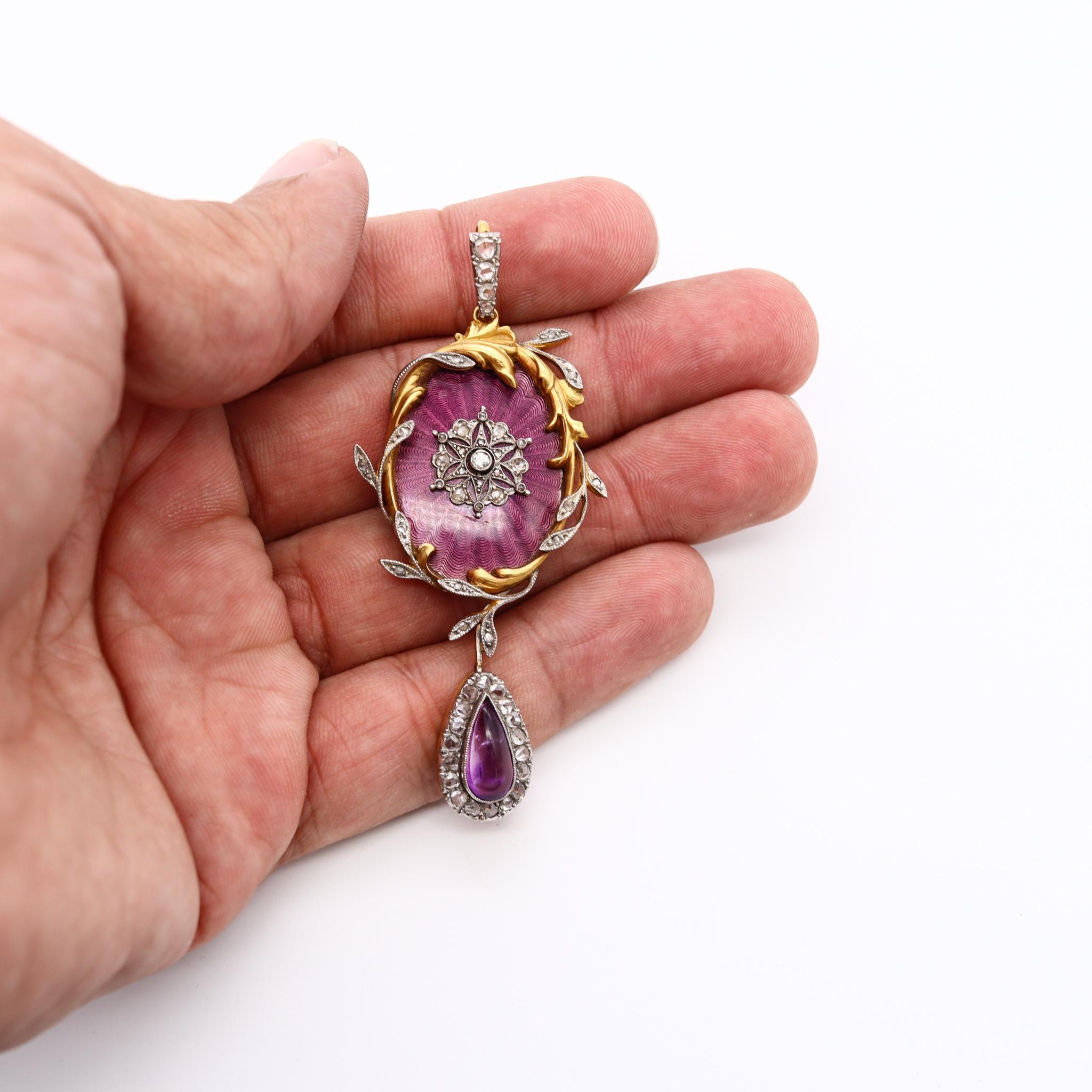 French 1790 Georgian Guilloche Enameled Pendant 18Kt Gold 4.26 Diamonds Amethyst In Excellent Condition For Sale In Miami, FL