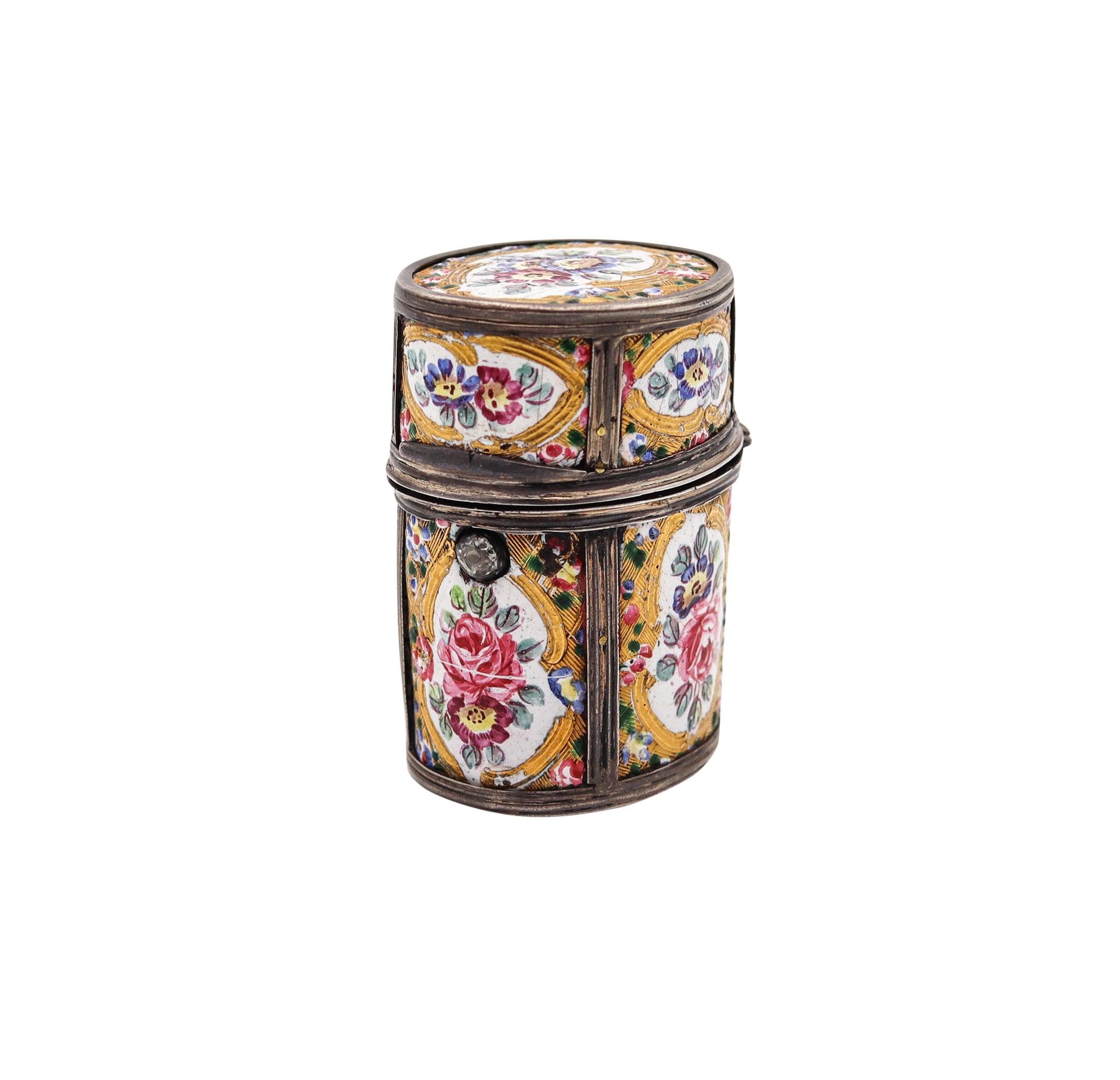 Perfumero esmaltado Luis XVI francés de 1790 en plata esterlina y dorado Silver en venta