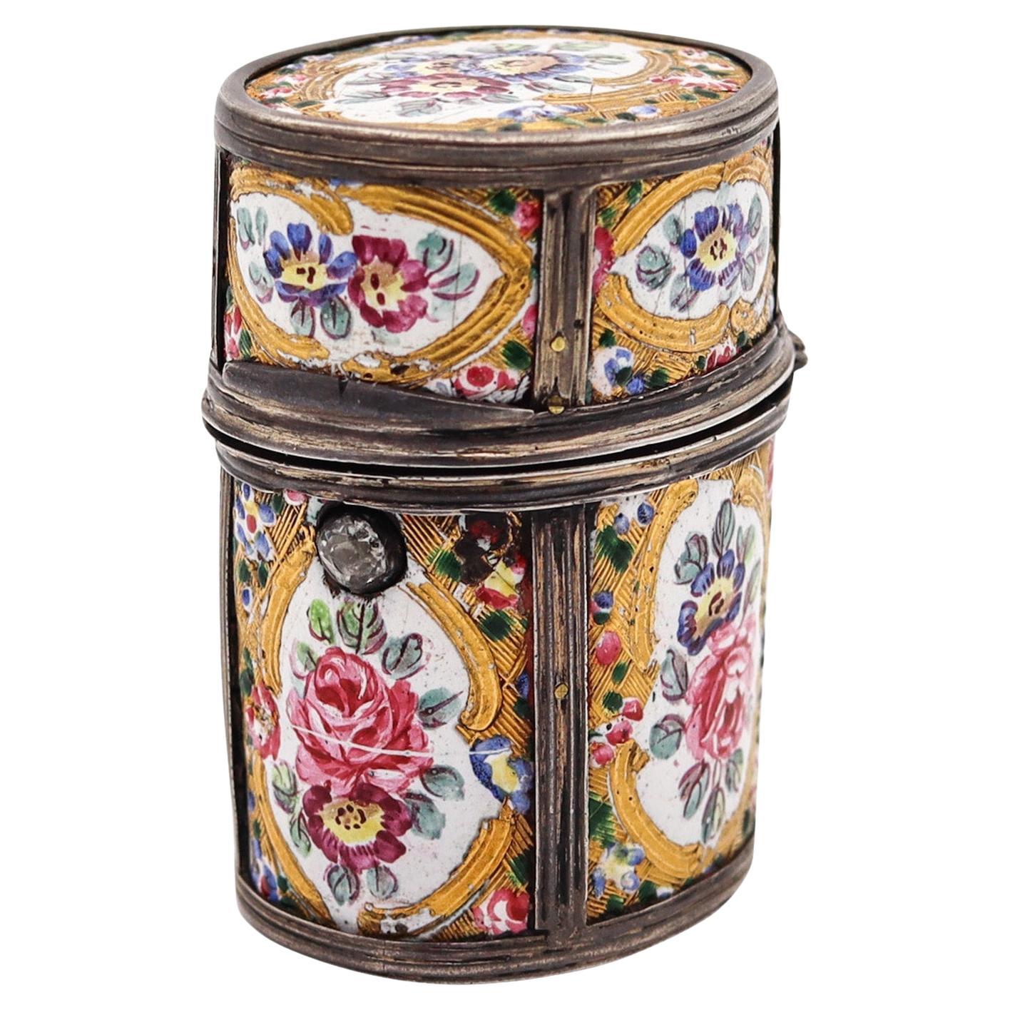 Perfumero esmaltado Luis XVI francés de 1790 en plata esterlina y dorado
