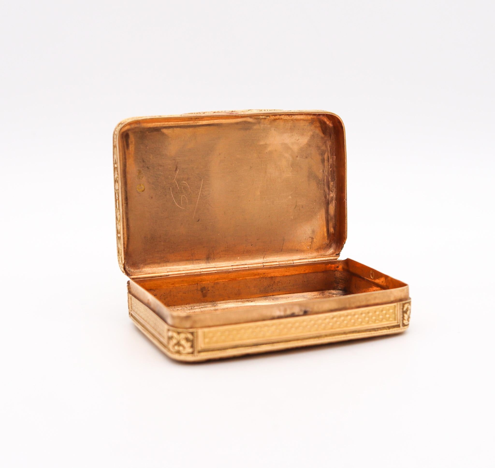 Neoklassizistische rechteckige französische Schnupftabakdose im Louis-XVI-Stil aus lackiertem 18 Karat Gold, 1790 im Zustand „Hervorragend“ im Angebot in Miami, FL