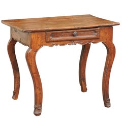 French 1790s Louis XV Chestnut Side Table with Single Drawer and Cabriole Legs
