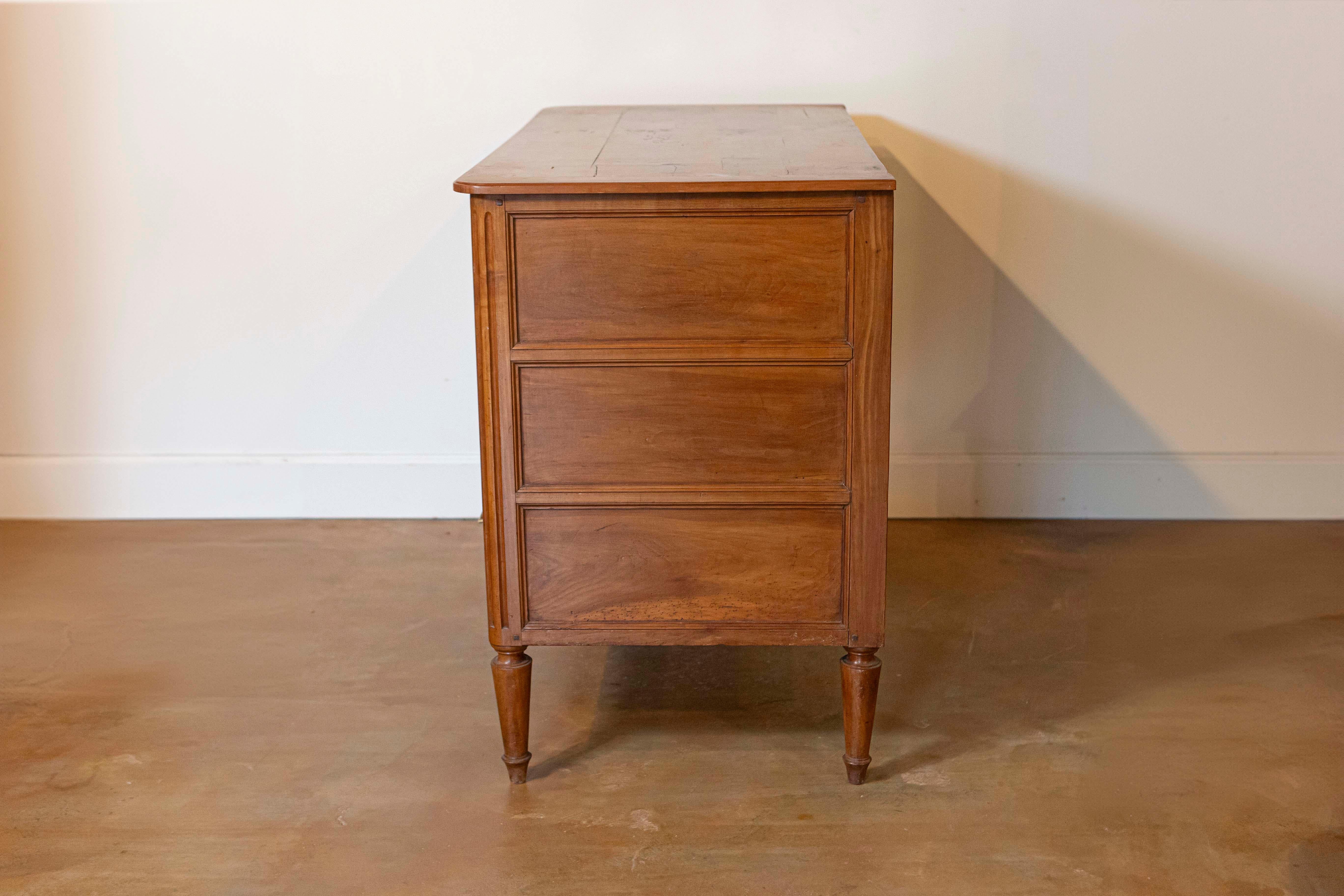 Brass French 1790s Louis XVI Period Cherry Three-Drawer Commode with Fluted Side Posts For Sale