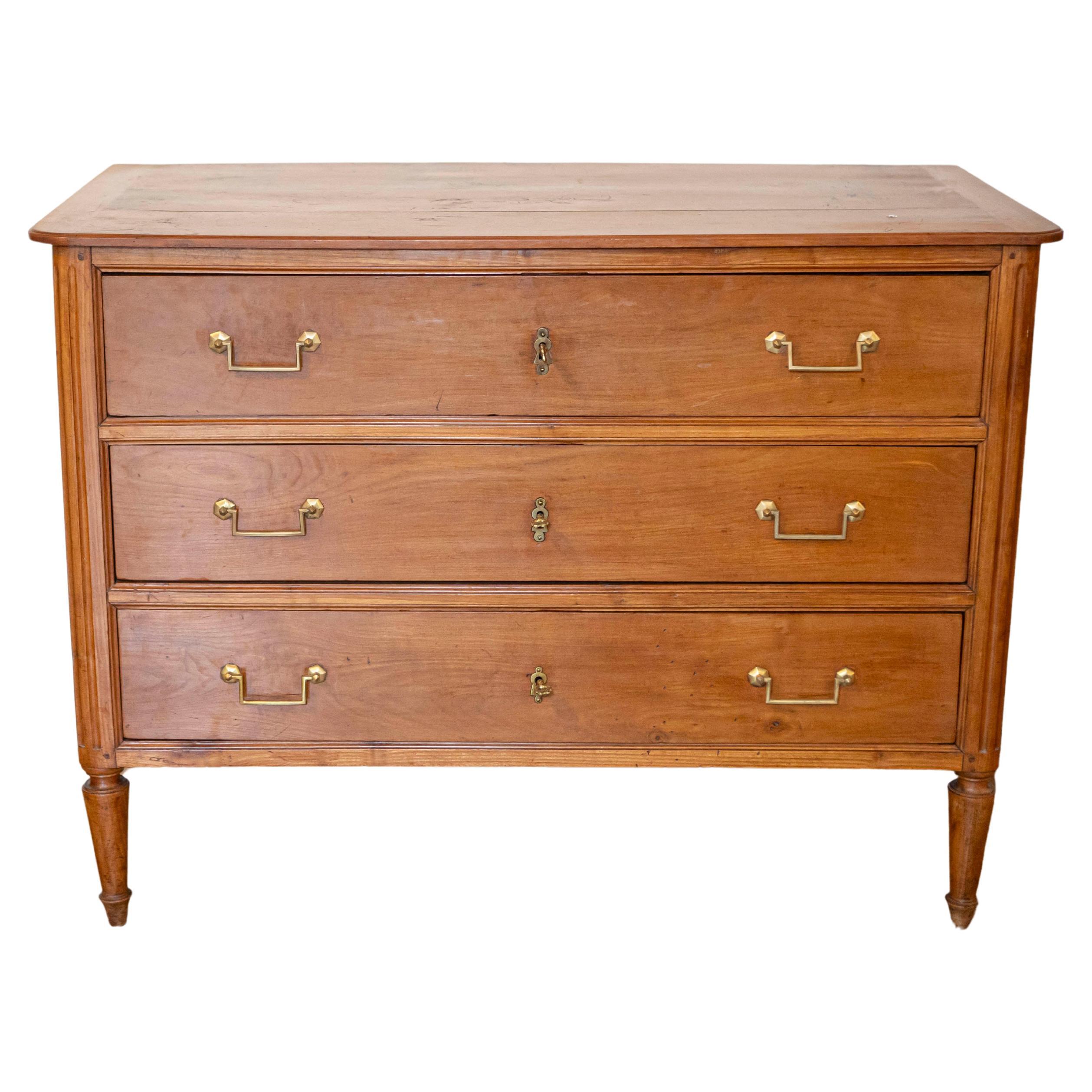 French 1790s Louis XVI Period Cherry Three-Drawer Commode with Fluted Side Posts