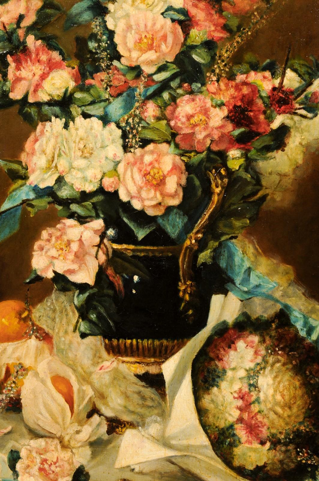 Öl auf Leinwand, 1790er Jahre, Gemälde mit Blumenstrauß, Früchten und Stickerei im Angebot 4