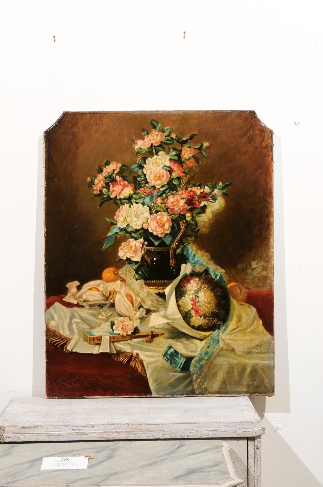 A French oil on canvas still-life painting from the late 18th century, with bouquet, fruits and embroidery. Created in France during the last decade of the 18th century, this unframed oil on canvas painting features a vertical shape marked with