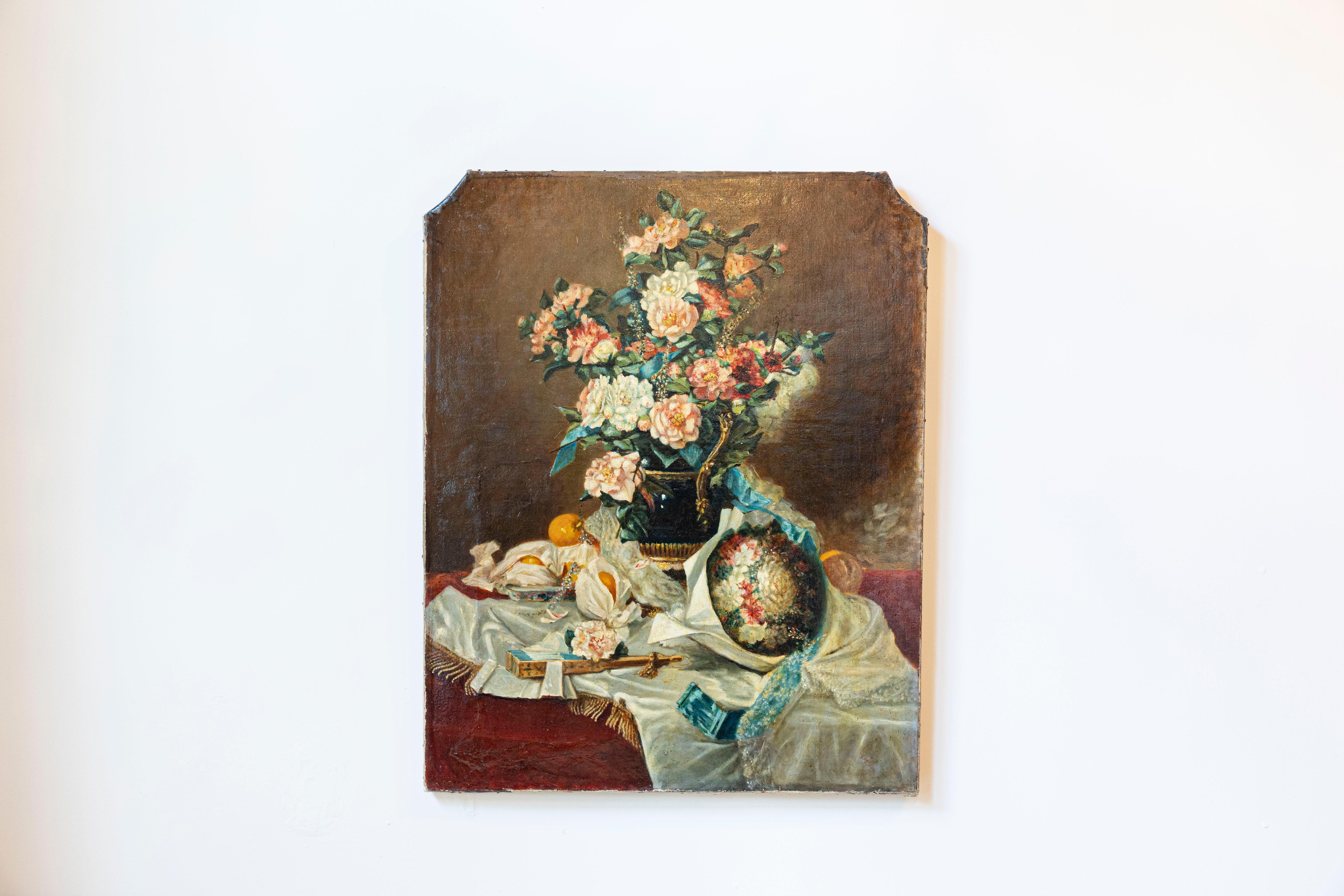 A French oil on canvas still-life painting from the late 18th century, with bouquet, fruits and embroidery. Created in France during the last decade of the 18th century, this unframed oil on canvas painting features a vertical shape marked with