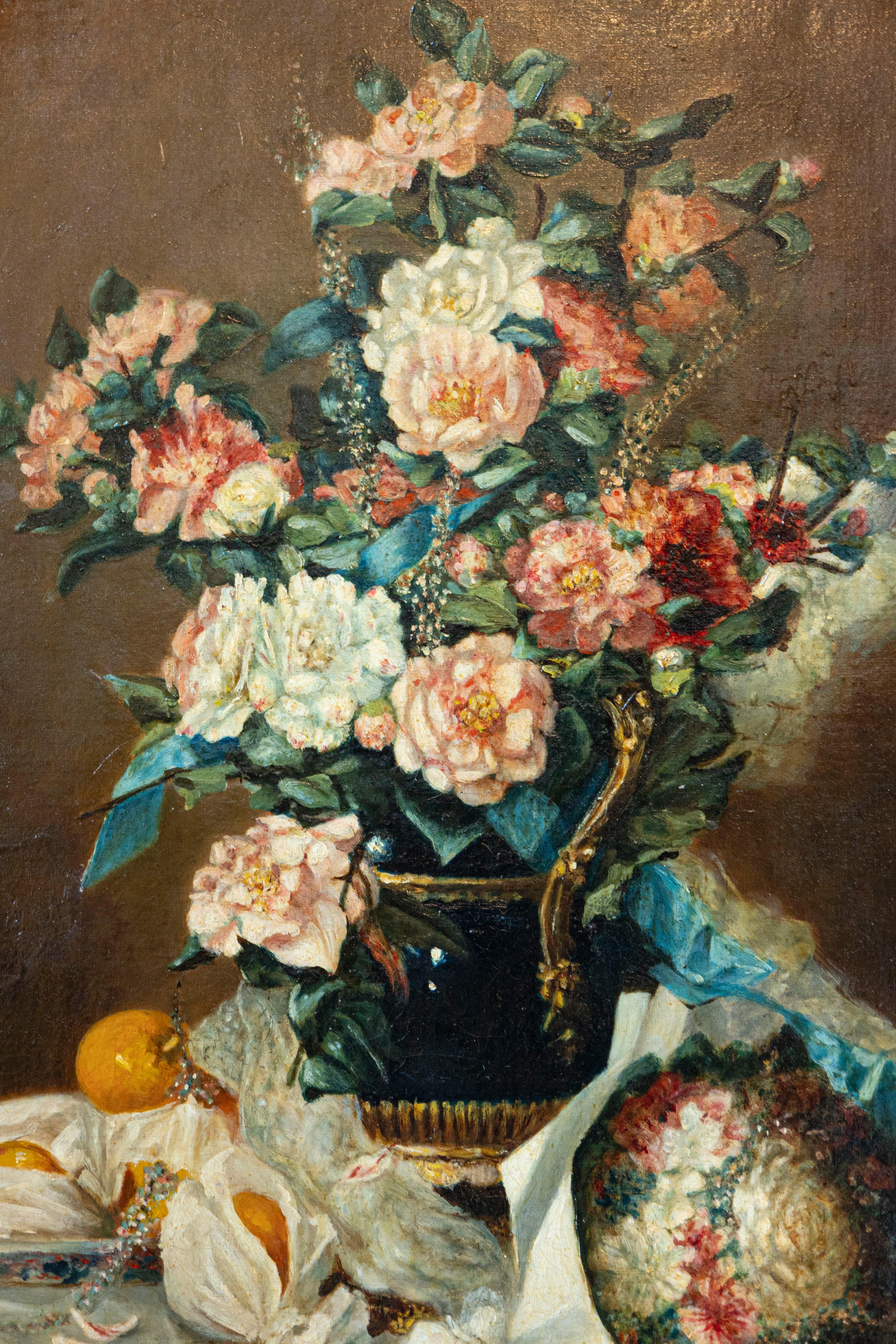 Hand-Painted French 1790s Oil on Canvas Painting with Floral Bouquet, Fruits and Embroidery