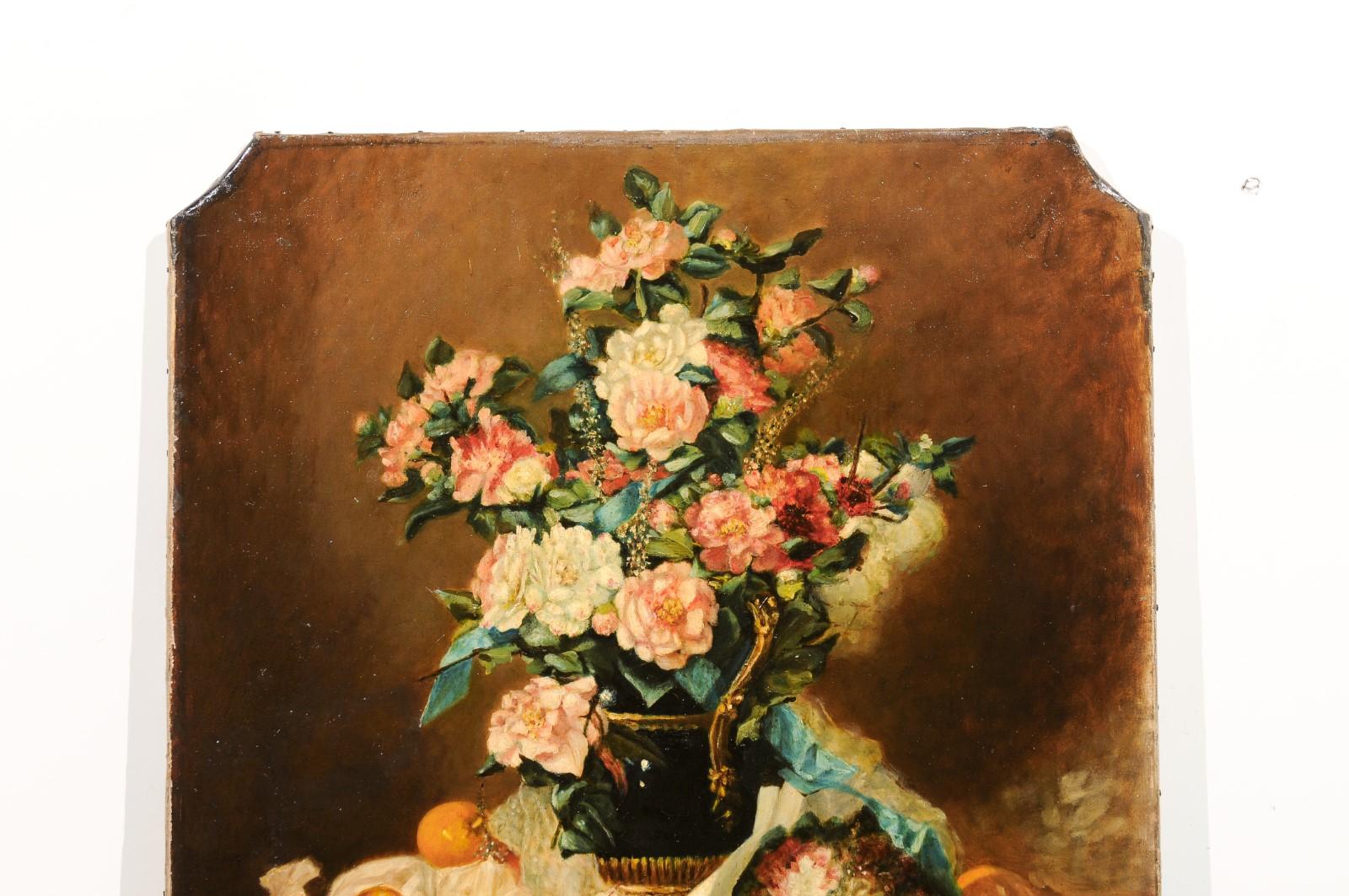 French 1790s Oil on Canvas Painting with Floral Bouquet, Fruits and Embroidery In Good Condition For Sale In Atlanta, GA