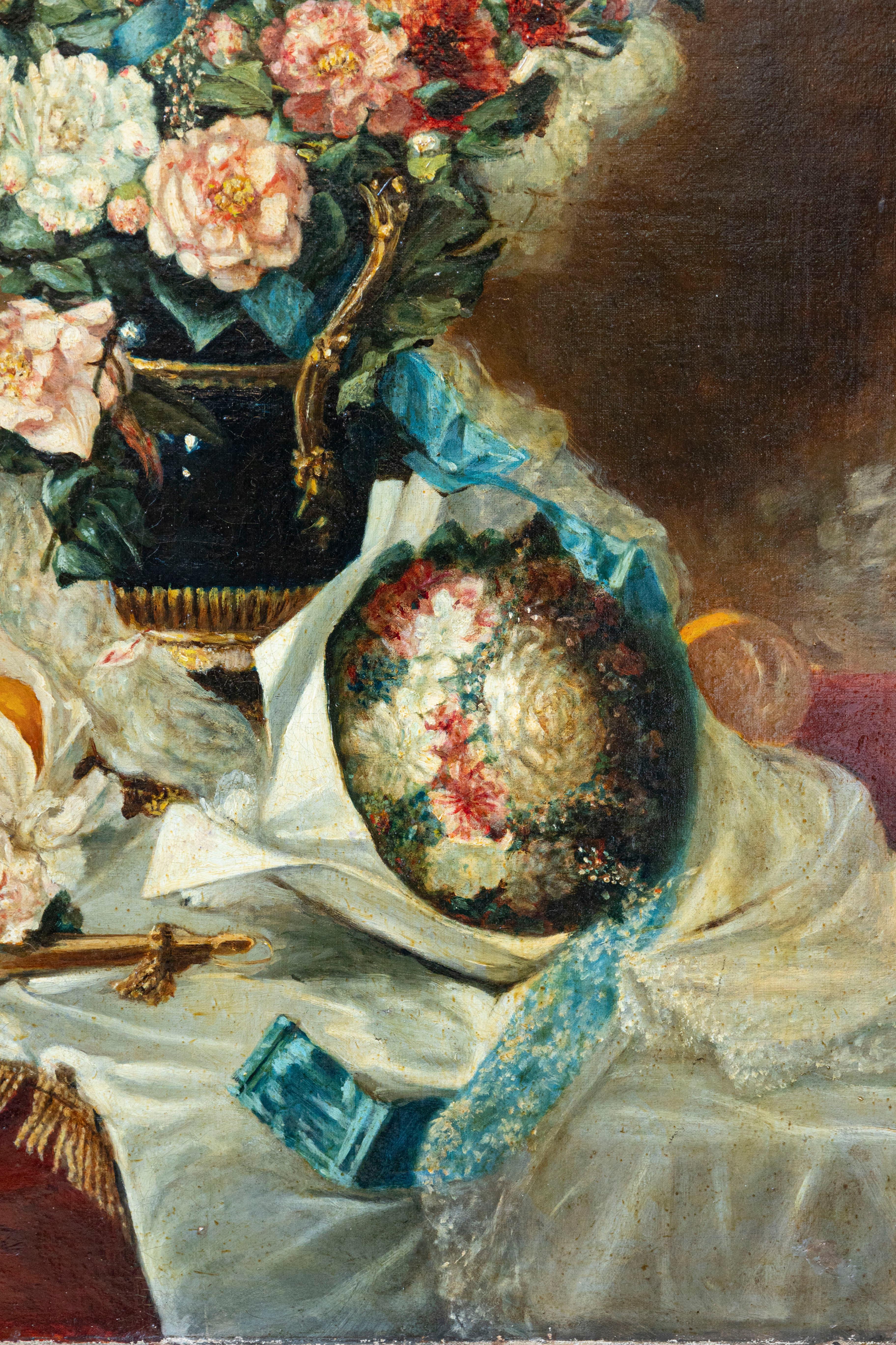 French 1790s Oil on Canvas Painting with Floral Bouquet, Fruits and Embroidery In Good Condition In Atlanta, GA