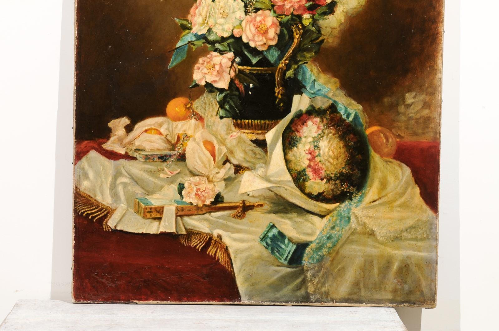 18th Century French 1790s Oil on Canvas Painting with Floral Bouquet, Fruits and Embroidery For Sale