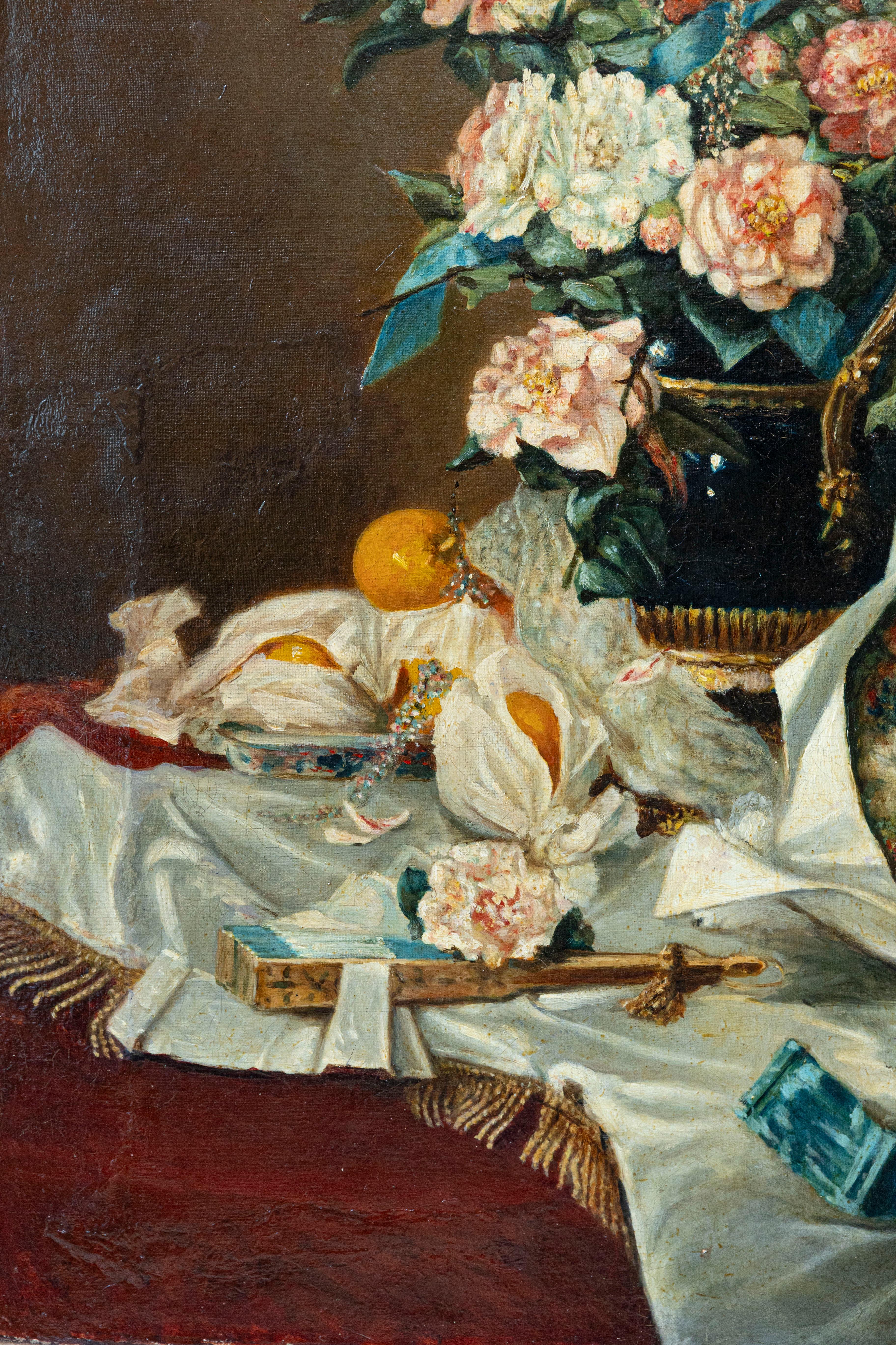 18th Century French 1790s Oil on Canvas Painting with Floral Bouquet, Fruits and Embroidery