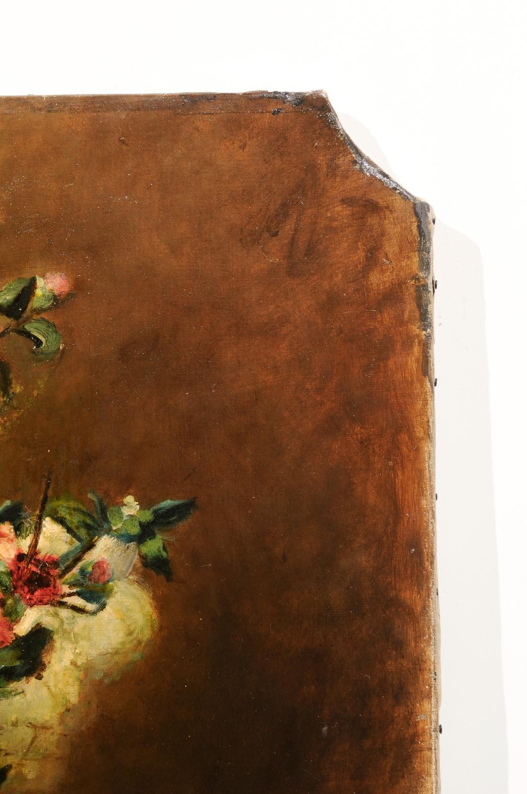 Öl auf Leinwand, 1790er Jahre, Gemälde mit Blumenstrauß, Früchten und Stickerei im Angebot 1