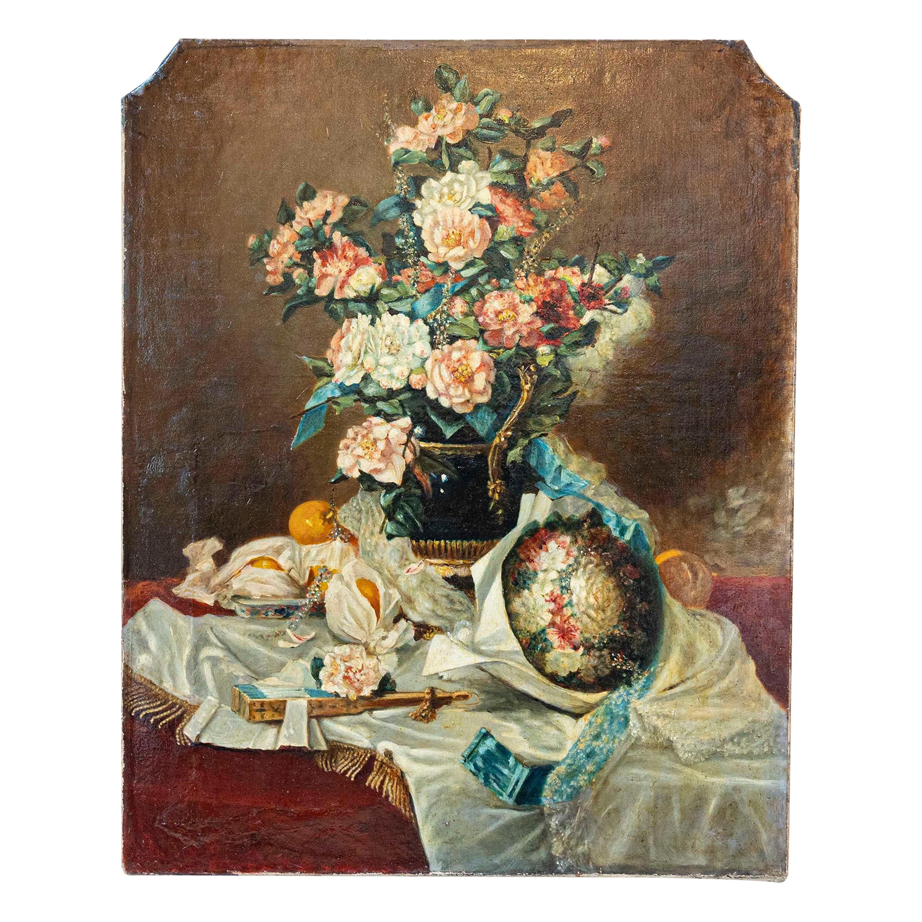 French 1790s Oil on Canvas Painting with Floral Bouquet, Fruits and Embroidery