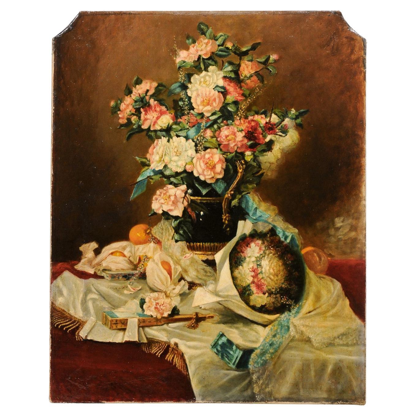 French 1790s Oil on Canvas Painting with Floral Bouquet, Fruits and Embroidery For Sale