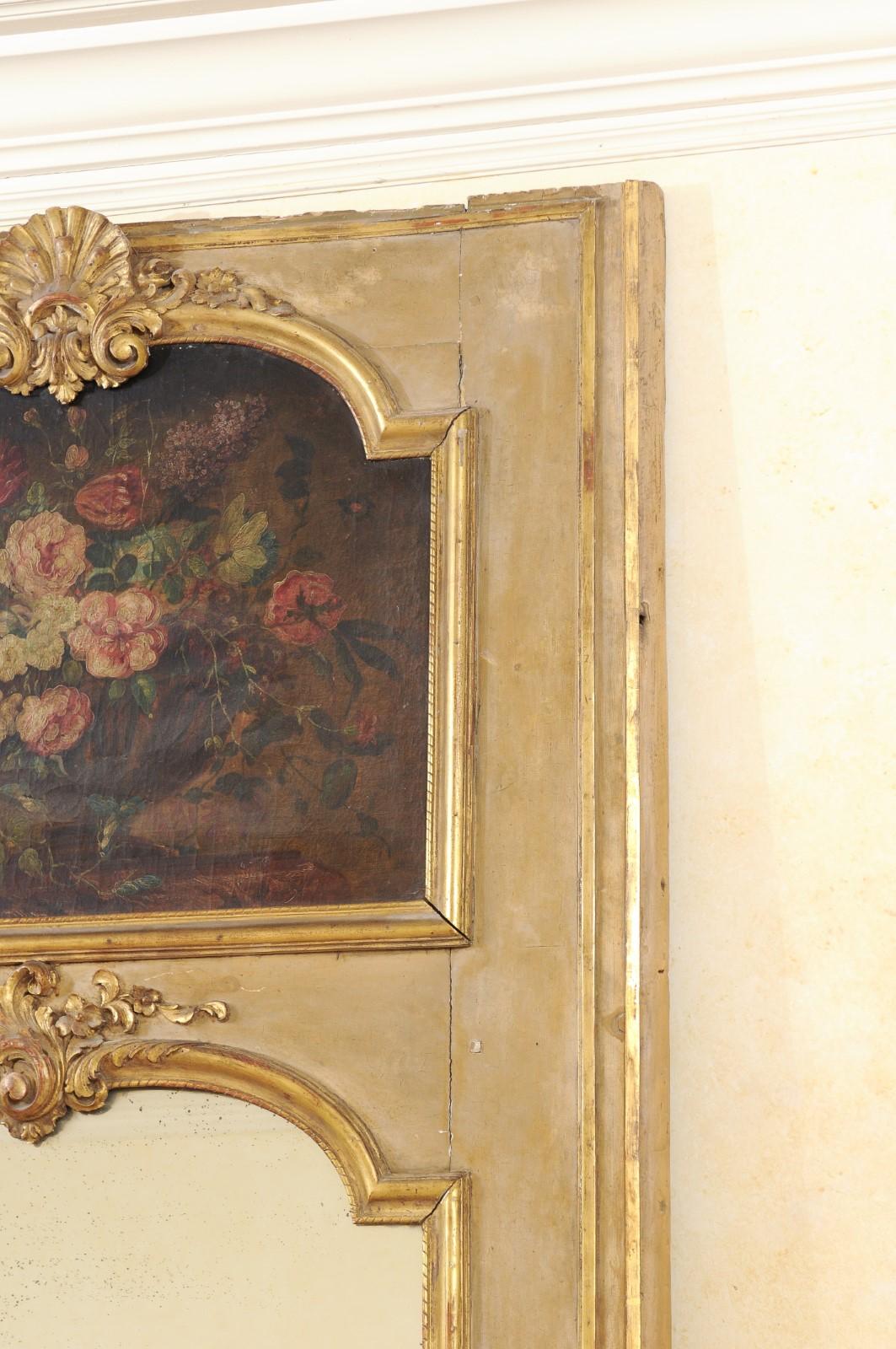 Carved French 1790s Painted Trumeau Mirror with Original Oil on Canvas Floral Painting For Sale
