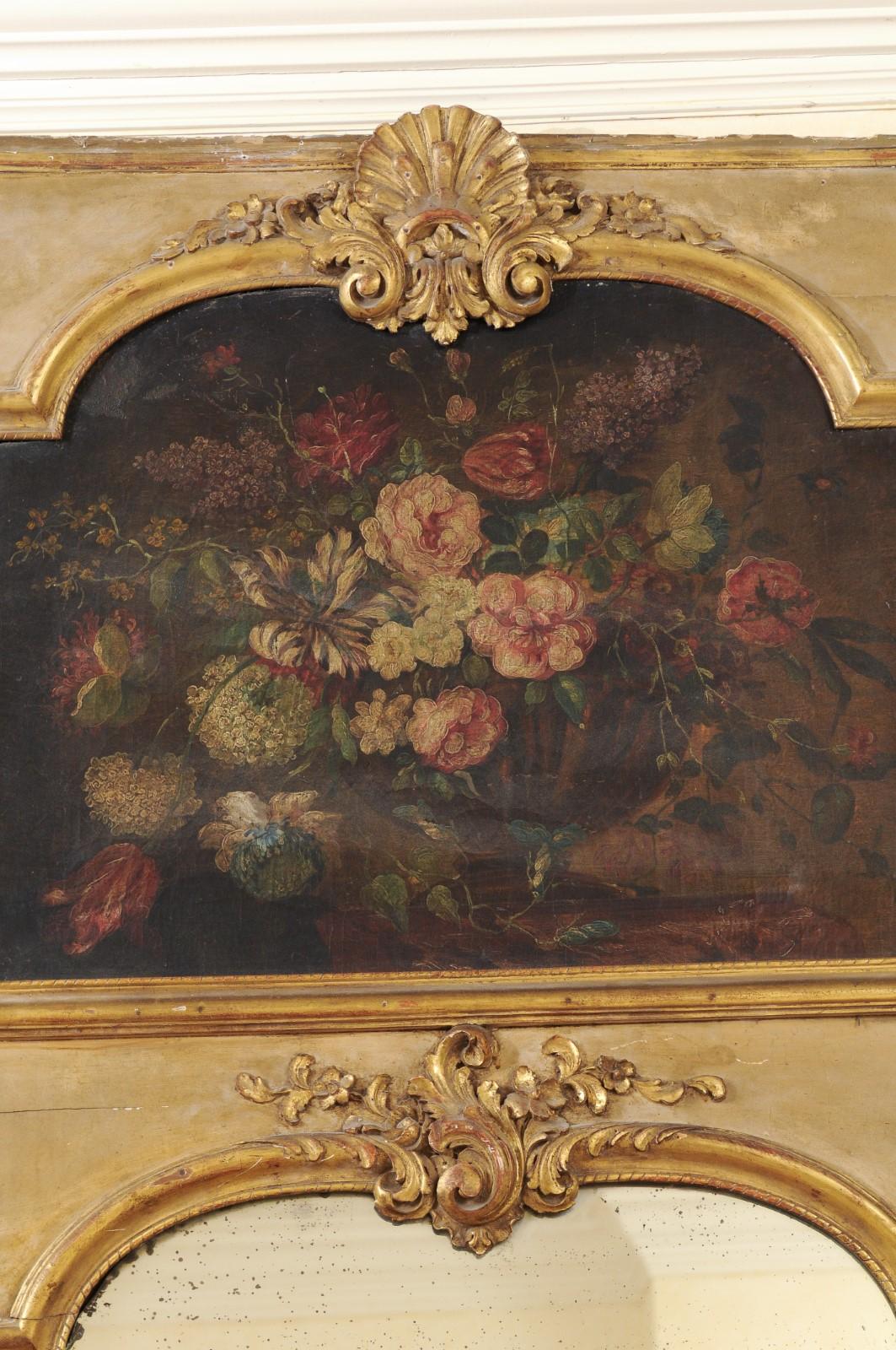 French 1790s Painted Trumeau Mirror with Original Oil on Canvas Floral Painting In Good Condition For Sale In Atlanta, GA