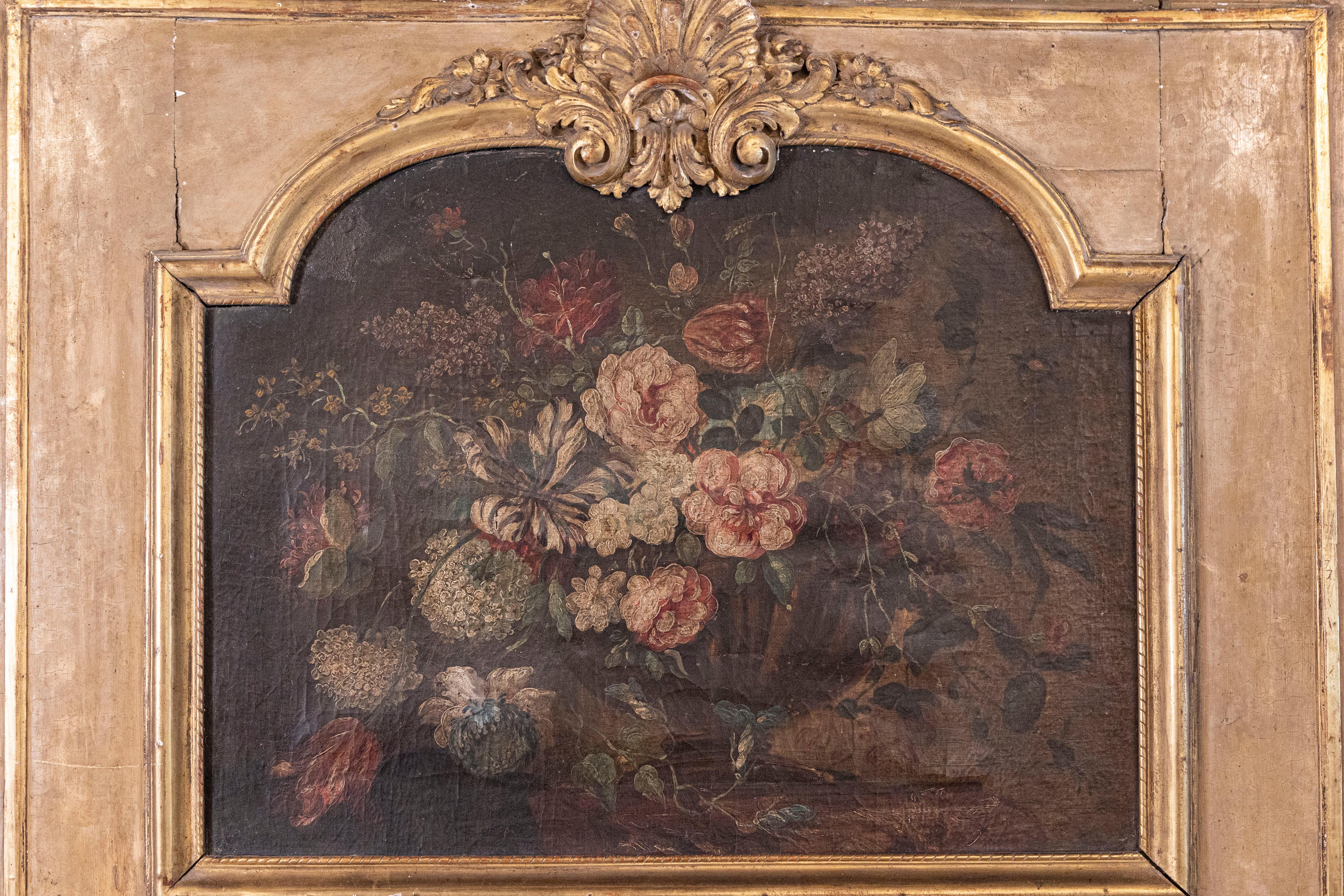 XVIII secolo Specchio Trumeau francese dipinto nel 1790 con dipinto floreale originale olio su tela in vendita