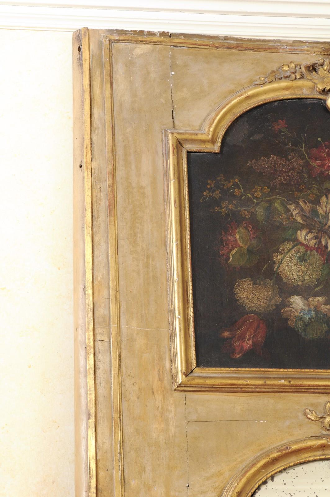18th Century French 1790s Painted Trumeau Mirror with Original Oil on Canvas Floral Painting For Sale