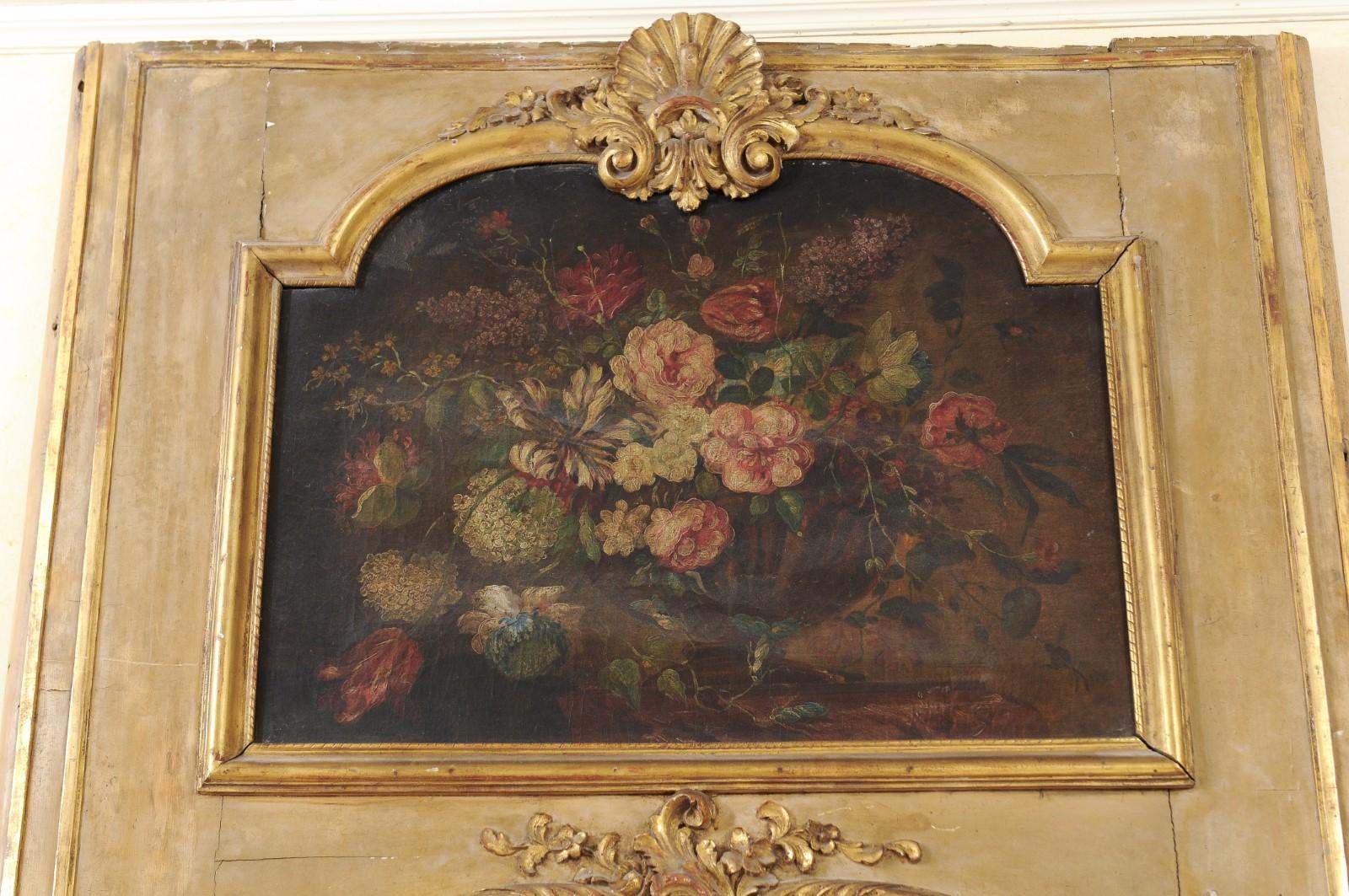 French 1790s Painted Trumeau Mirror with Original Oil on Canvas Floral Painting For Sale 2