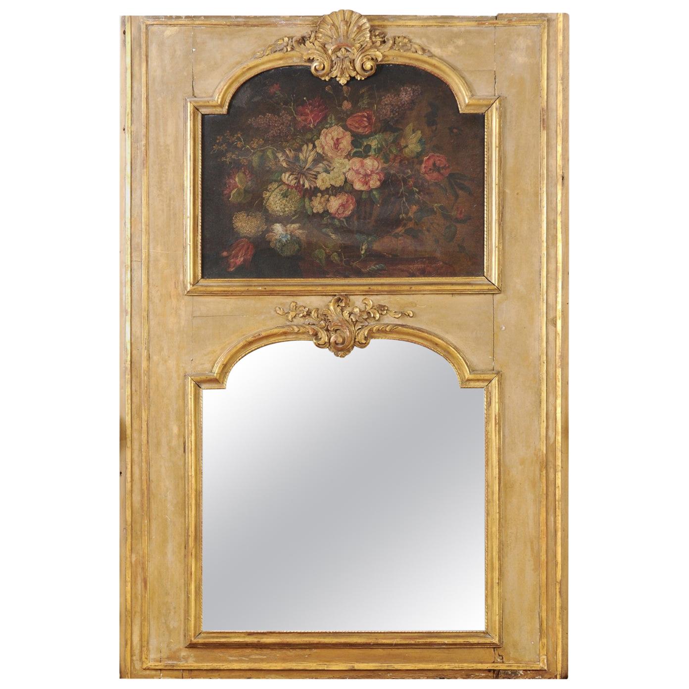 French 1790s Painted Trumeau Mirror with Original Oil on Canvas Floral