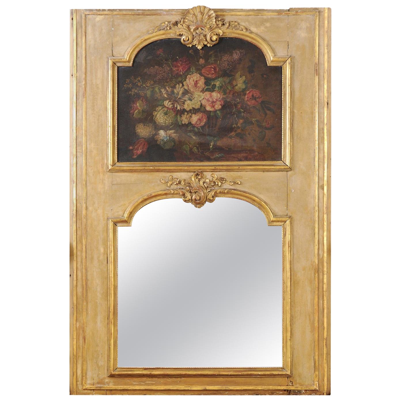 French 1790s Painted Trumeau Mirror with Original Oil on Canvas Floral Painting For Sale