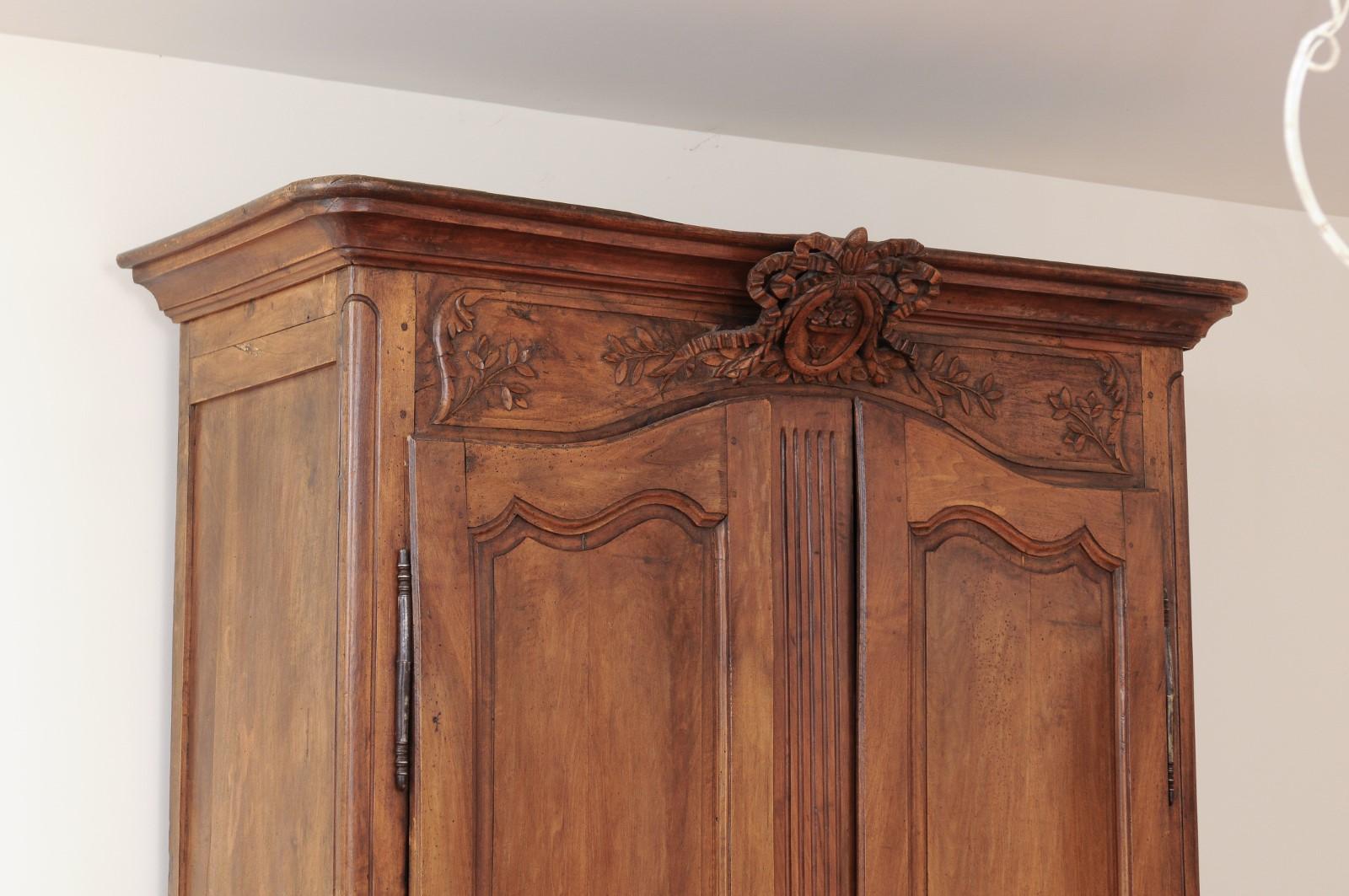 French 1790s Transition Walnut Armoire with Ribbon-Carved Crest and Apron 5