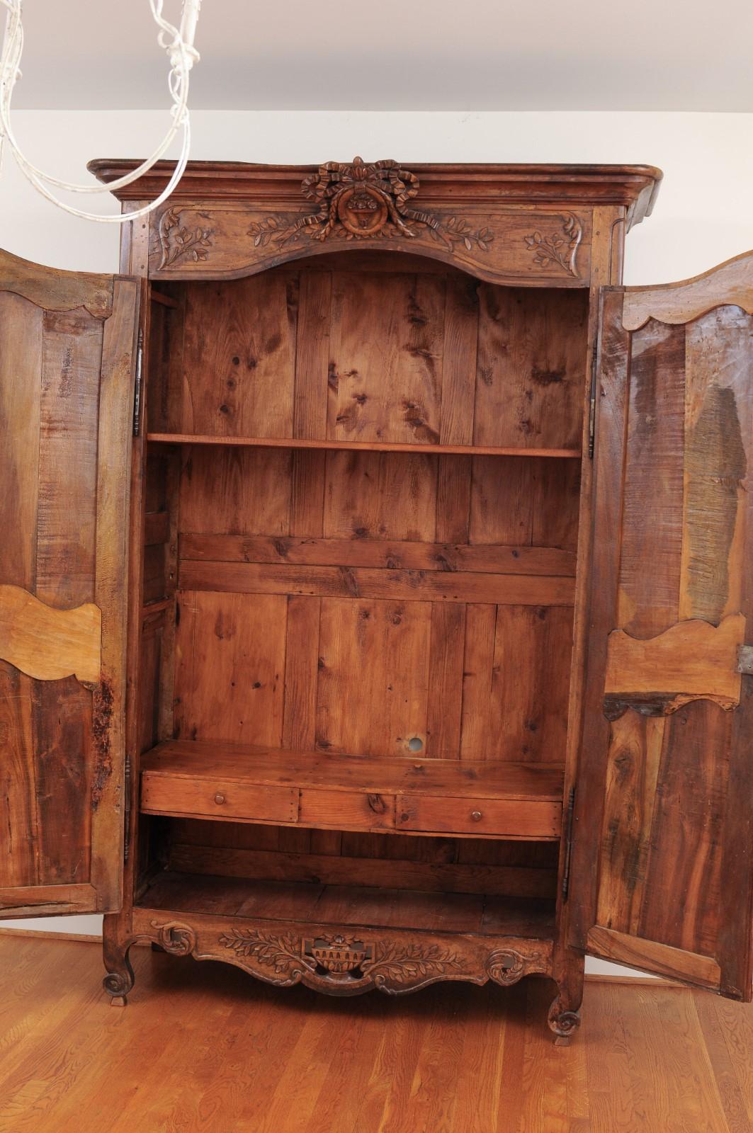 French 1790s Transition Walnut Armoire with Ribbon-Carved Crest and Apron 8
