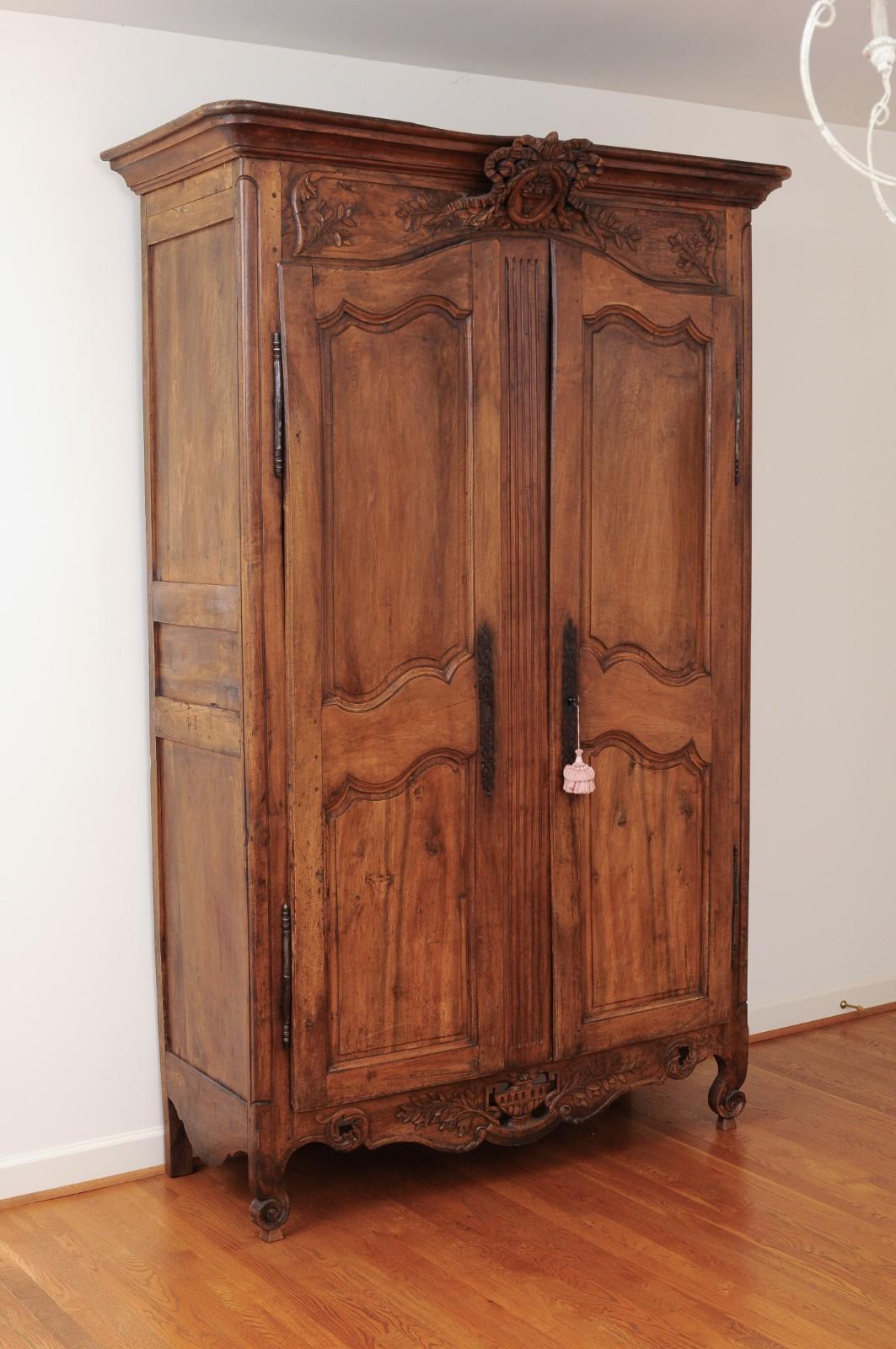 French 1790s Transition Walnut Armoire with Ribbon-Carved Crest and Apron 2