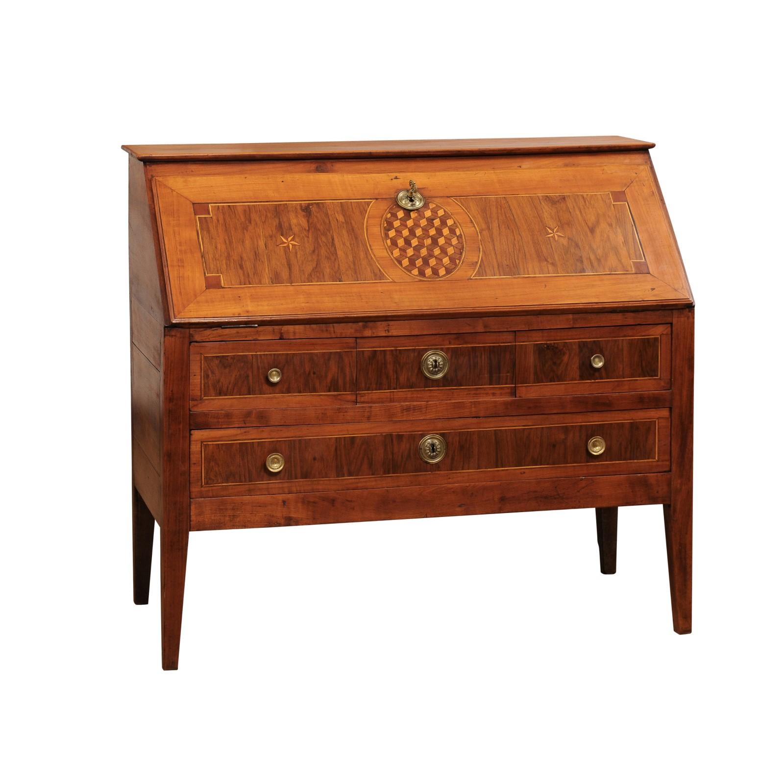A French Louis XVI period walnut and cherry slant front desk from the late 18th century, with marquetry décor, drawers and fine details. Created in France during the last decade of the 18th century, this secretary features a narrow rectangular top