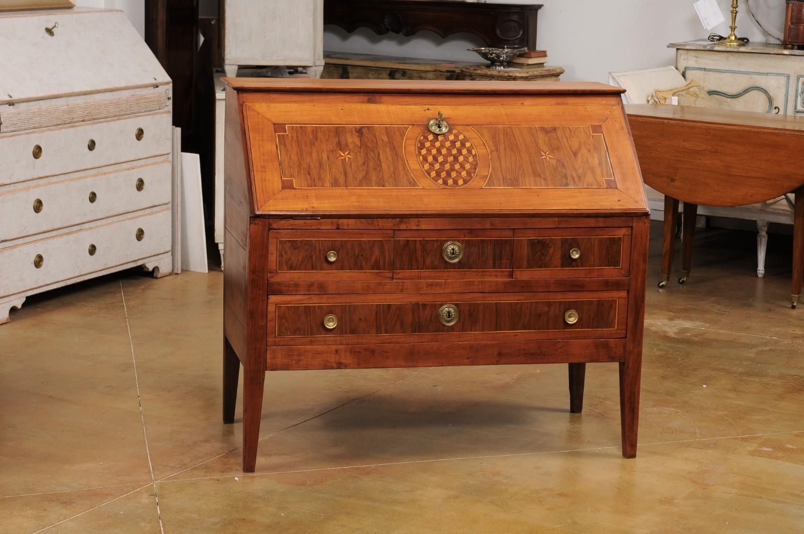Louis XVI French 1790s Walnut and Cherry Slant Front Desk with Marquetry Geometric Decor