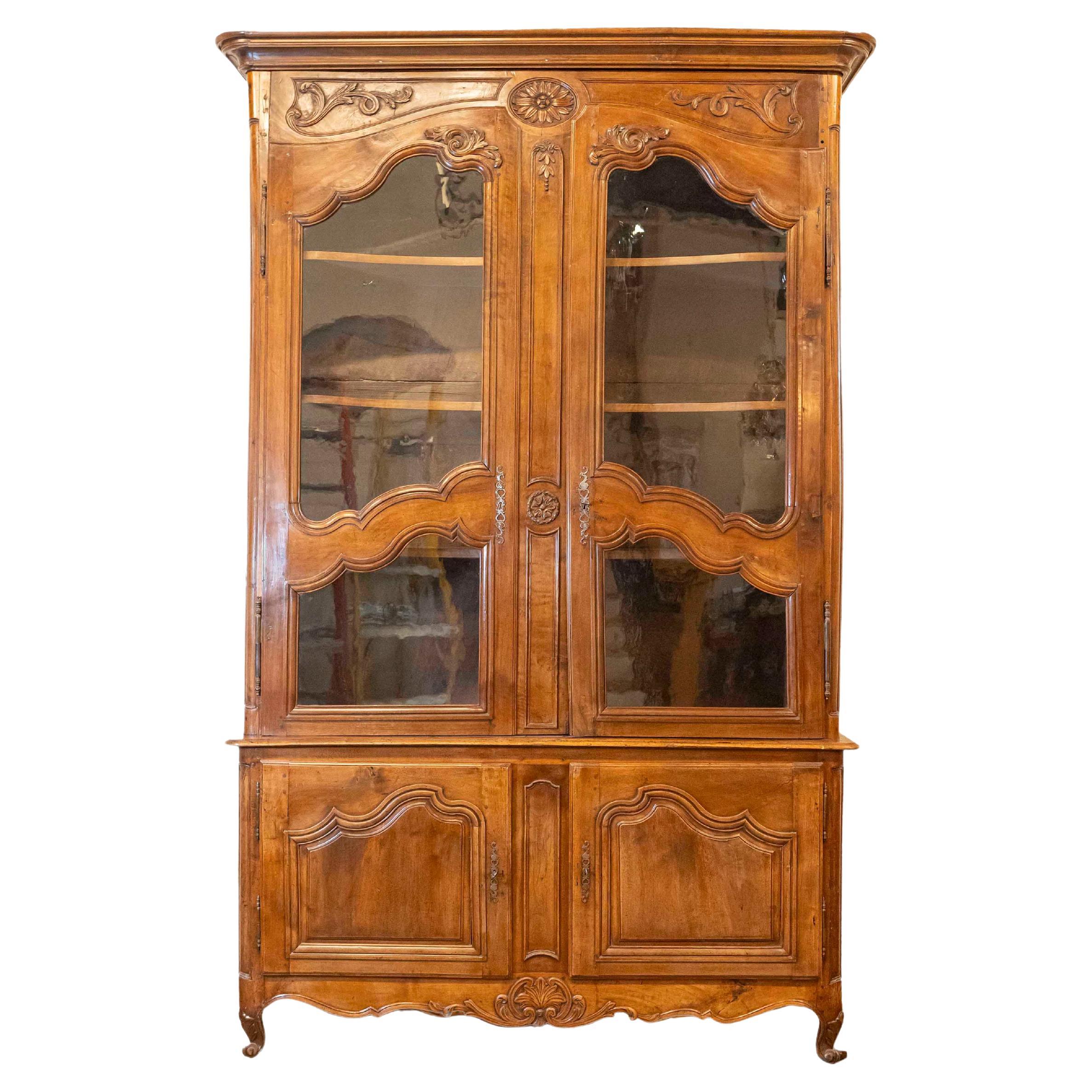 French 1790s Walnut Buffet à Deux-Corps with Glass Doors and Carved Motifs