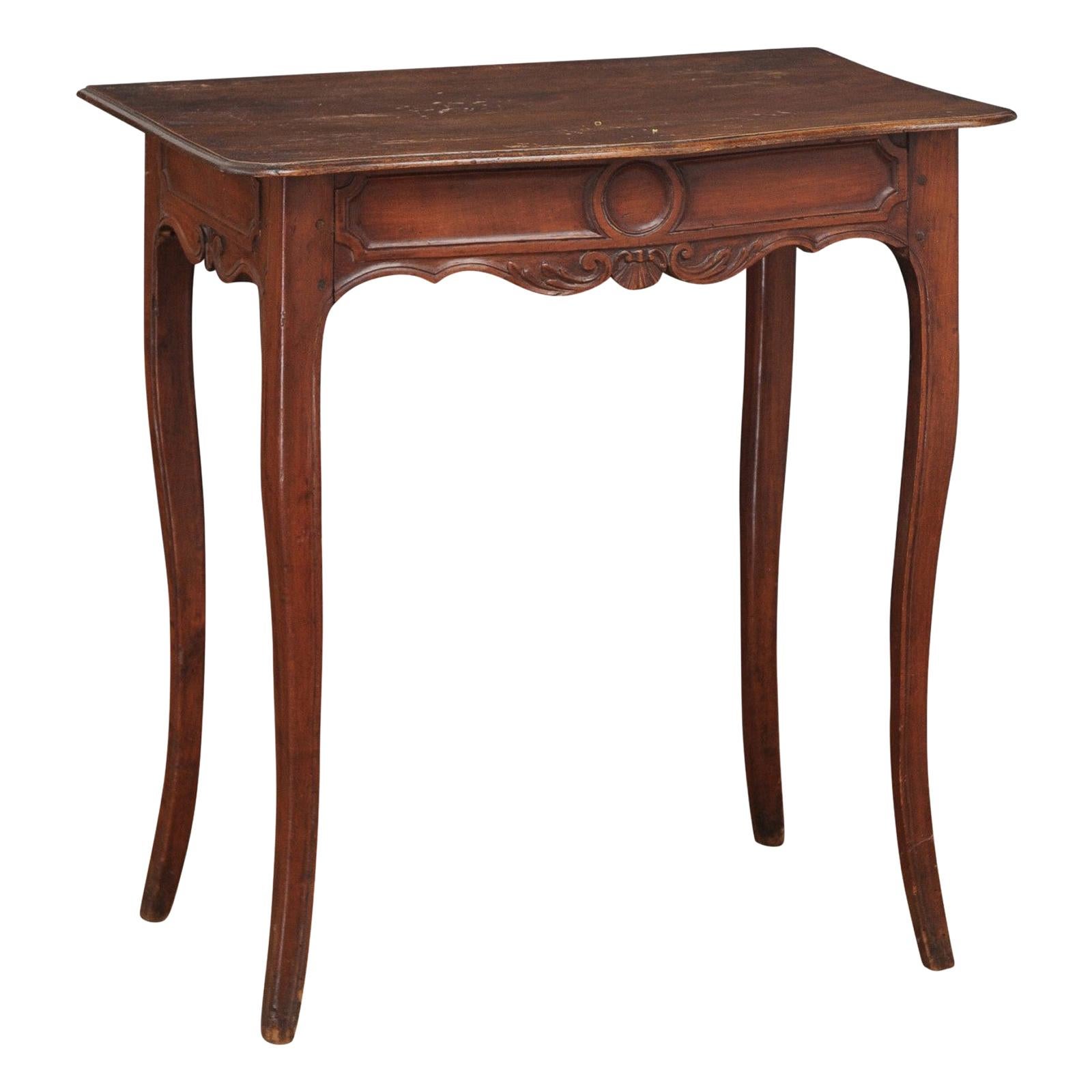 French 1790s Walnut Side Table with Side Drawer, Curving Legs and Carved Apron For Sale
