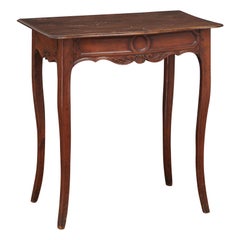Antique French 1790s Walnut Side Table with Side Drawer, Curving Legs and Carved Apron