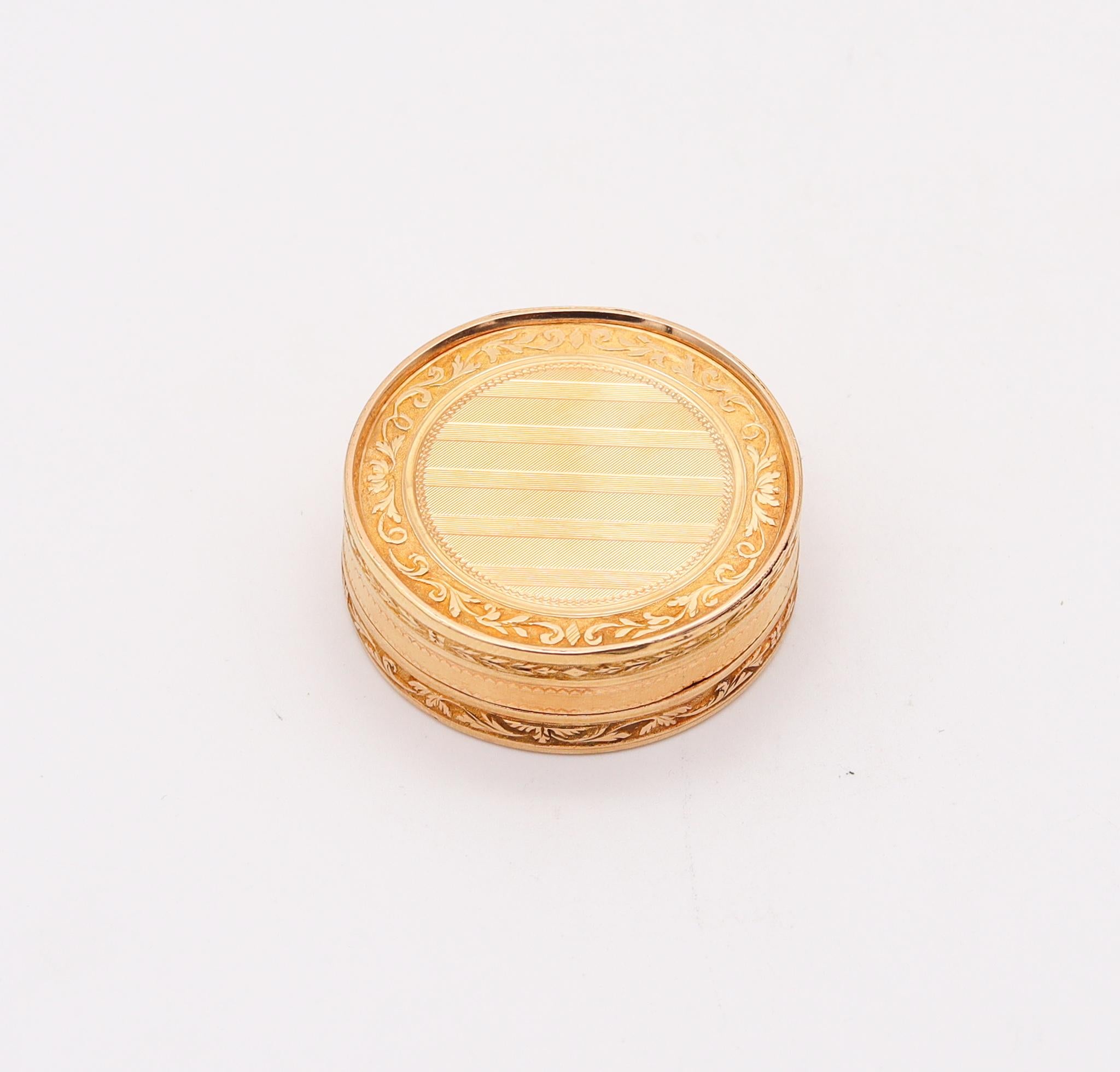 French snuff round box in gold.

Beautiful round snuff box, crafted in Paris France during the transition of the first Republic and the first empire periods, between the 1798 and 1808. This round snuff box was carefully crafted in the neoclassical