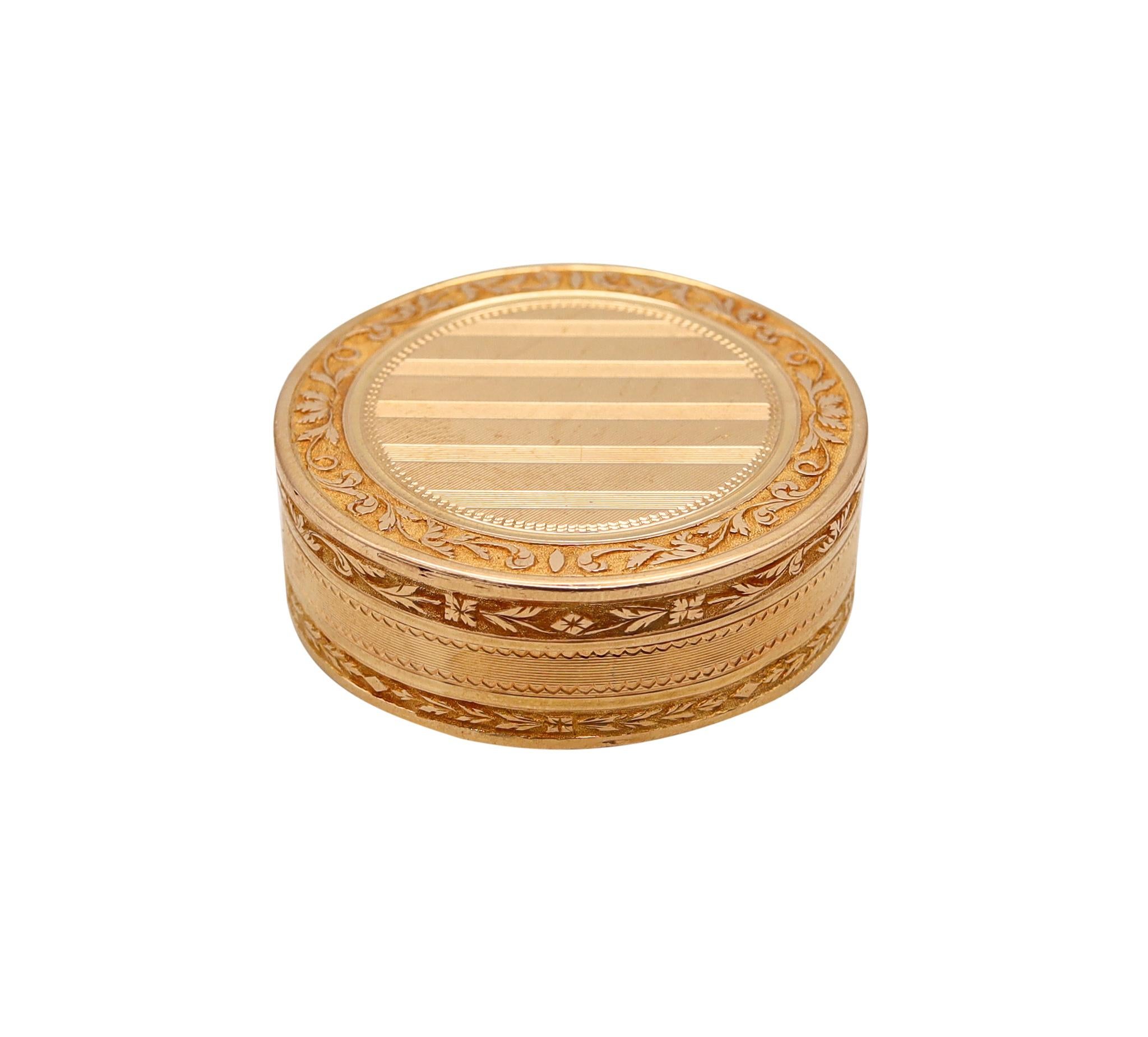 French 1798-1809 Neoclassical Louis XVI Round Snuff Box in Labrated 18kt Yellow In Excellent Condition In Miami, FL