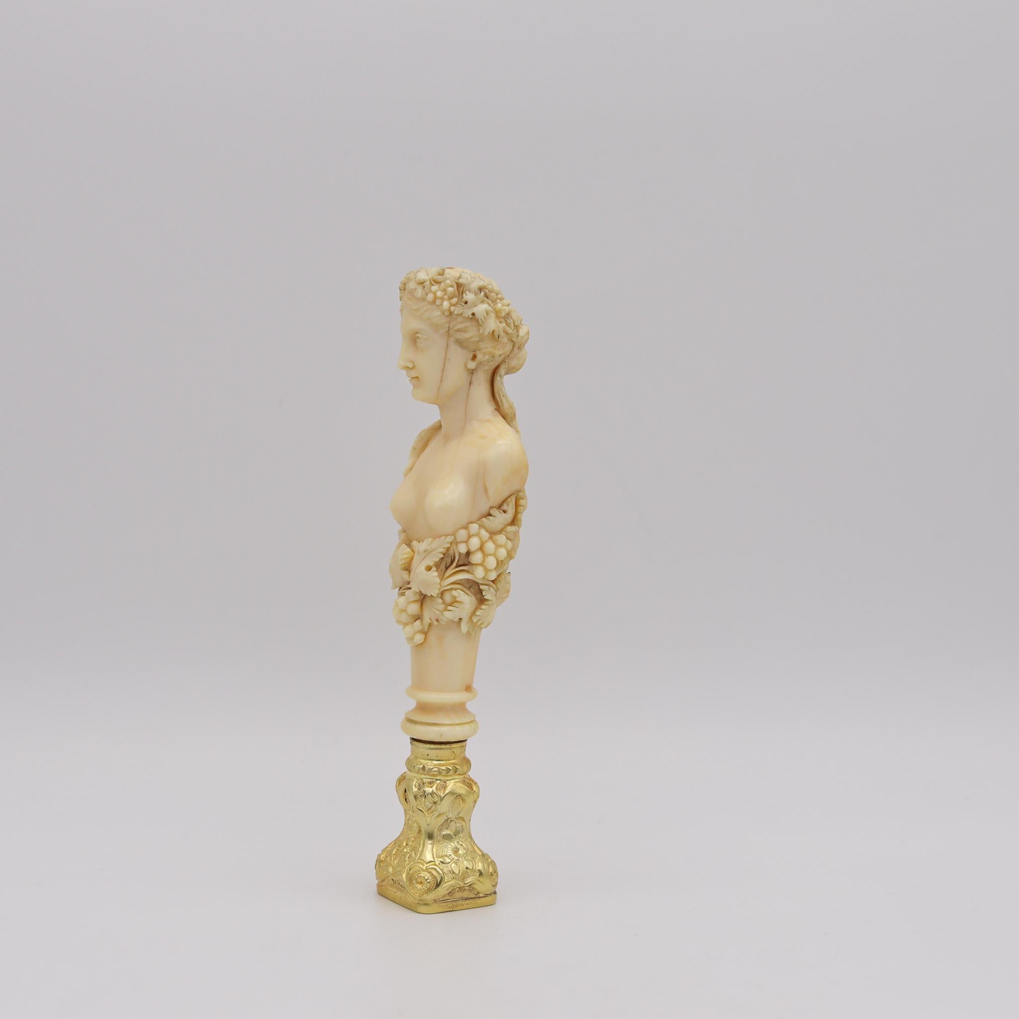 Hand-Carved French 1798 Neo Classic Stamp Seal In 18Kt Gilded Silver Carved Bust Of Flora For Sale