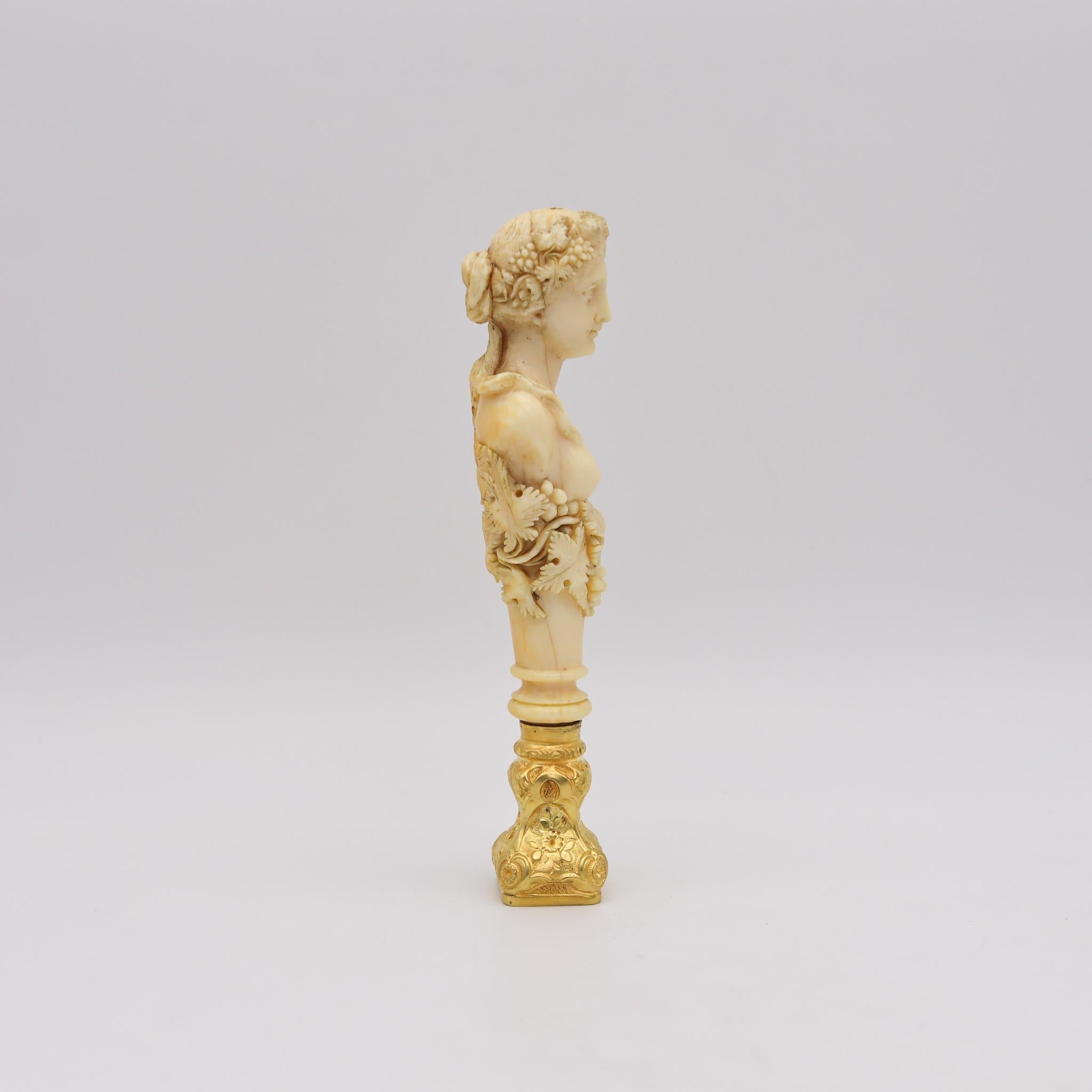 Gold French 1798 Neo Classic Stamp Seal In 18Kt Gilded Silver Carved Bust Of Flora For Sale