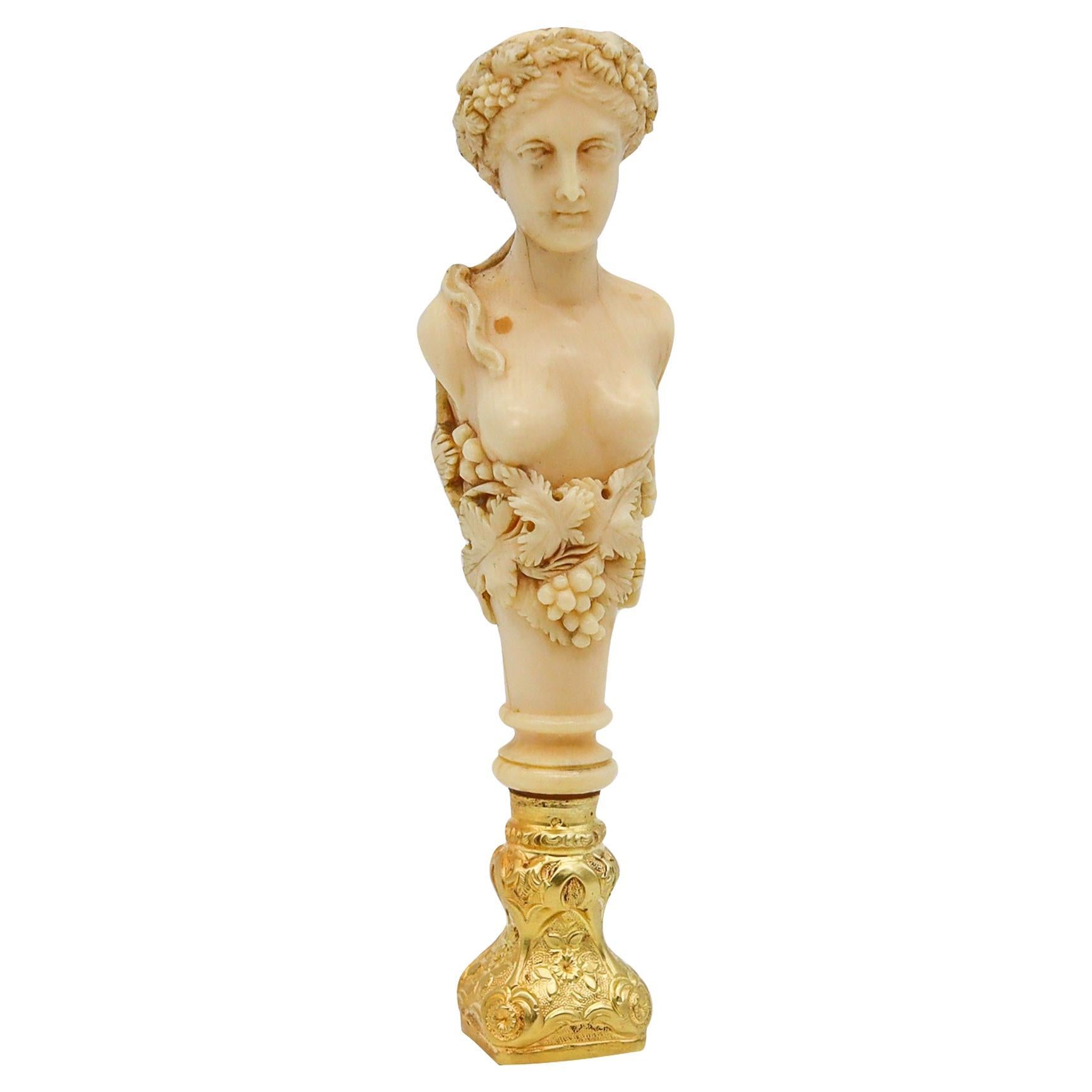 Sceau français néoclassique de 1798 en argent doré 18 carats avec buste sculpté en forme de fleur
