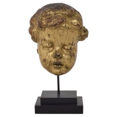 French 17th 18th Century Carved Giltwood Baroque Angel Head